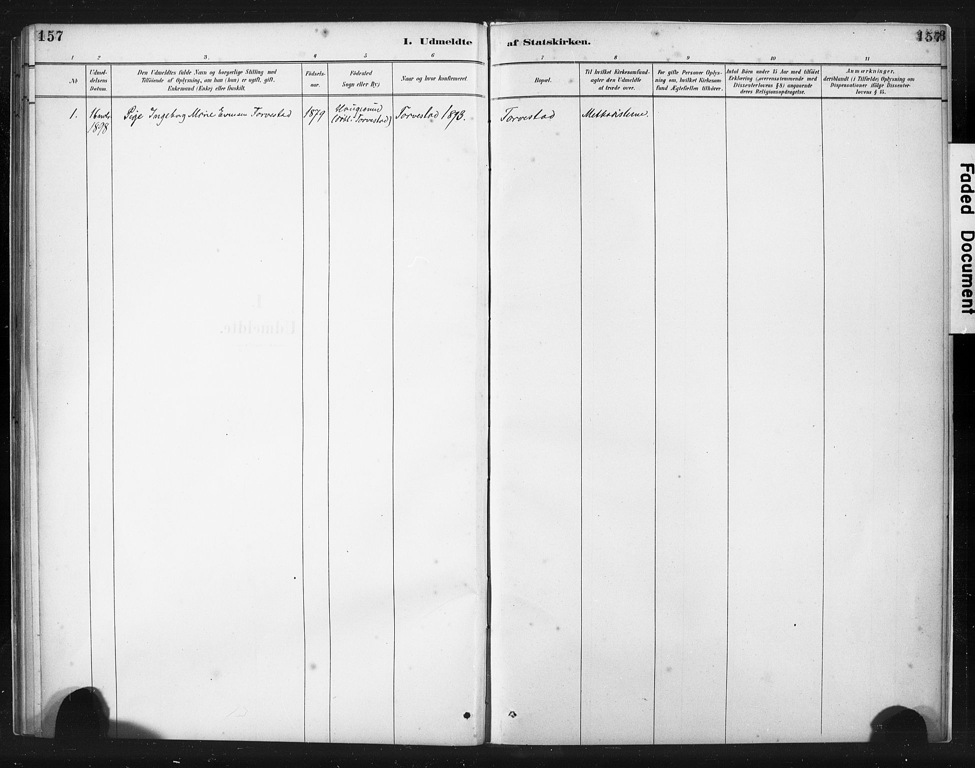 Torvastad sokneprestkontor, SAST/A -101857/H/Ha/Haa/L0015: Parish register (official) no. A 14, 1888-1899, p. 157