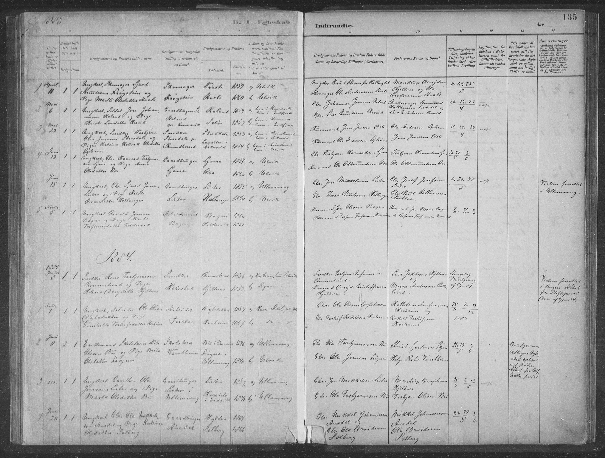 Ulvik sokneprestembete, SAB/A-78801/H/Hab: Parish register (copy) no. A 3, 1883-1908, p. 135