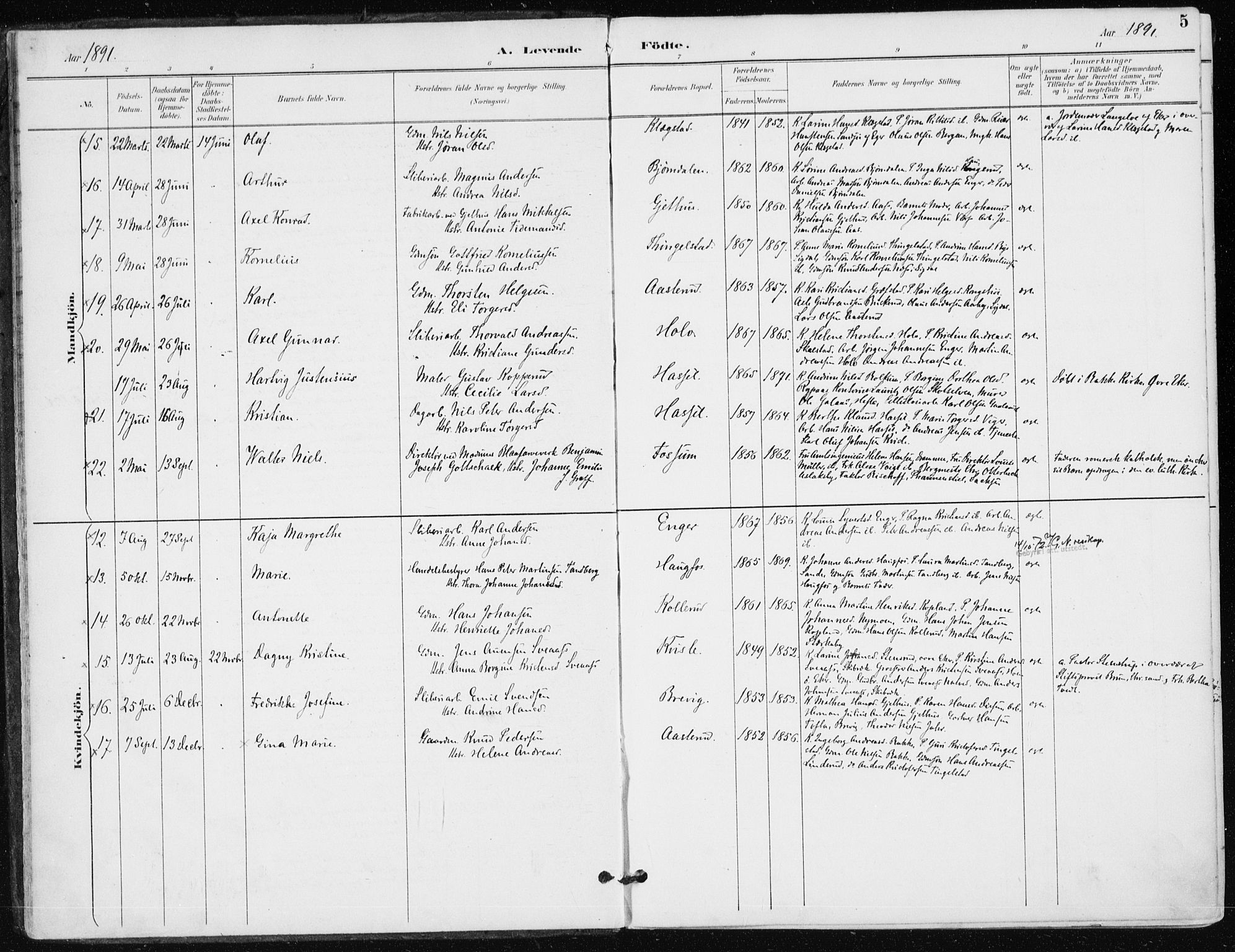 Modum kirkebøker, SAKO/A-234/F/Fa/L0016: Parish register (official) no. 16, 1890-1899, p. 5
