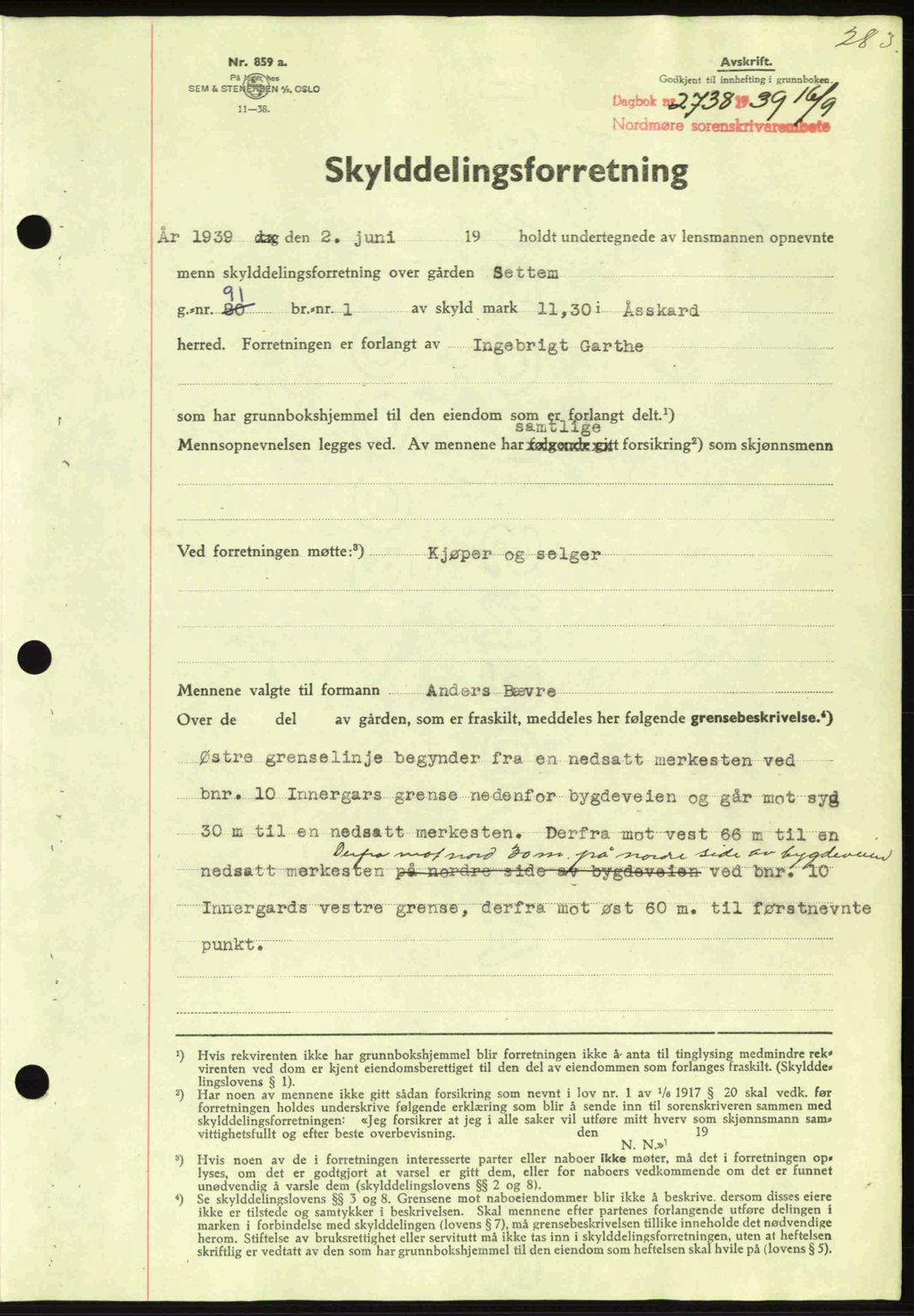 Nordmøre sorenskriveri, AV/SAT-A-4132/1/2/2Ca: Mortgage book no. A87, 1939-1940, Diary no: : 2738/1939