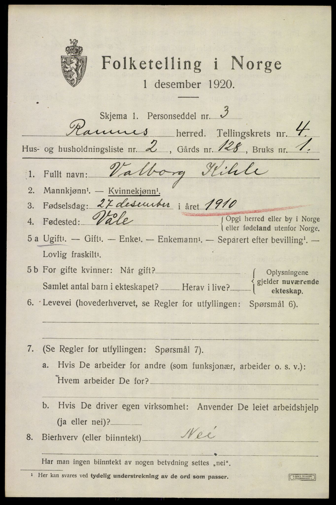 SAKO, 1920 census for Ramnes, 1920, p. 4336