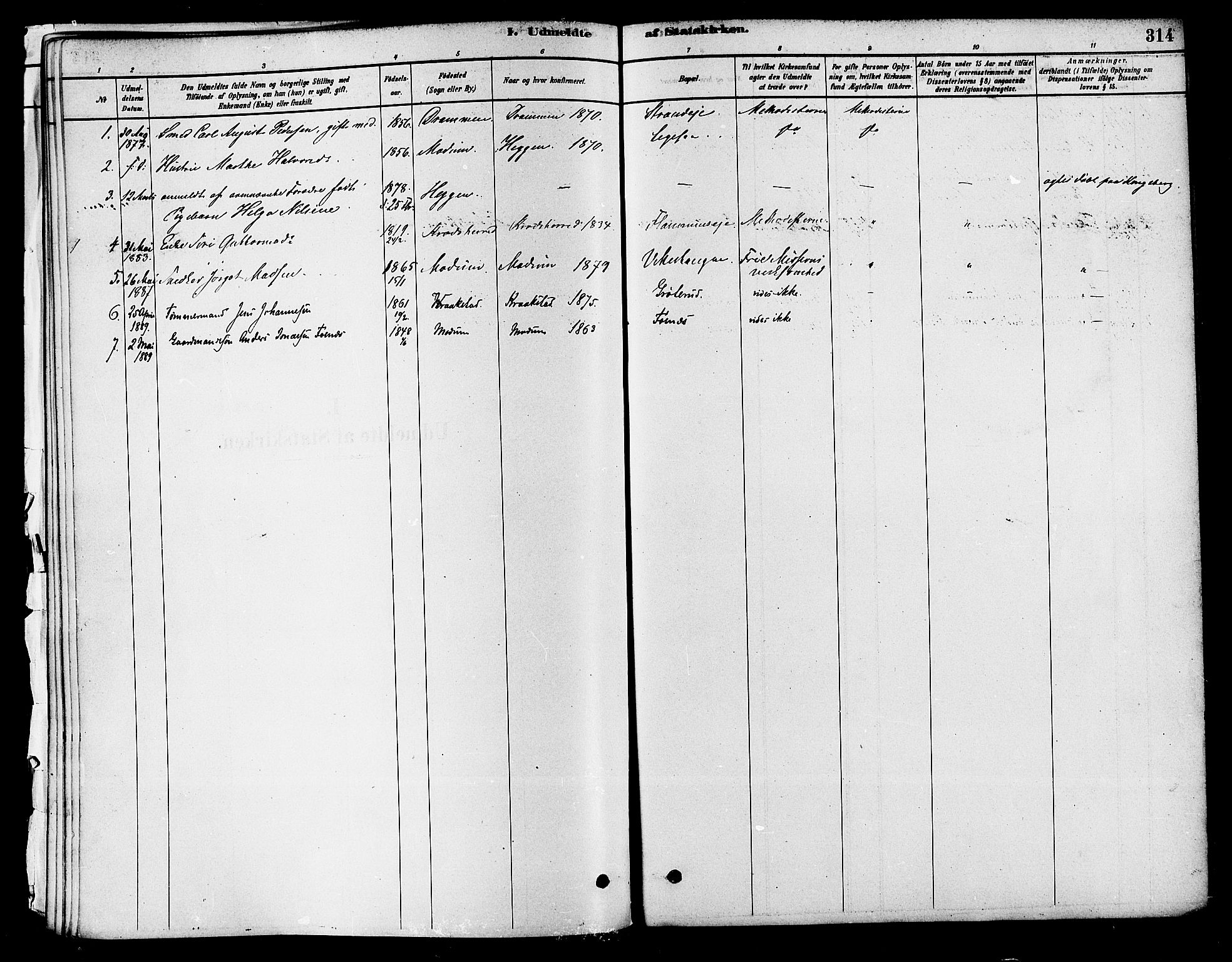 Modum kirkebøker, AV/SAKO-A-234/F/Fa/L0011: Parish register (official) no. 11, 1877-1889, p. 314