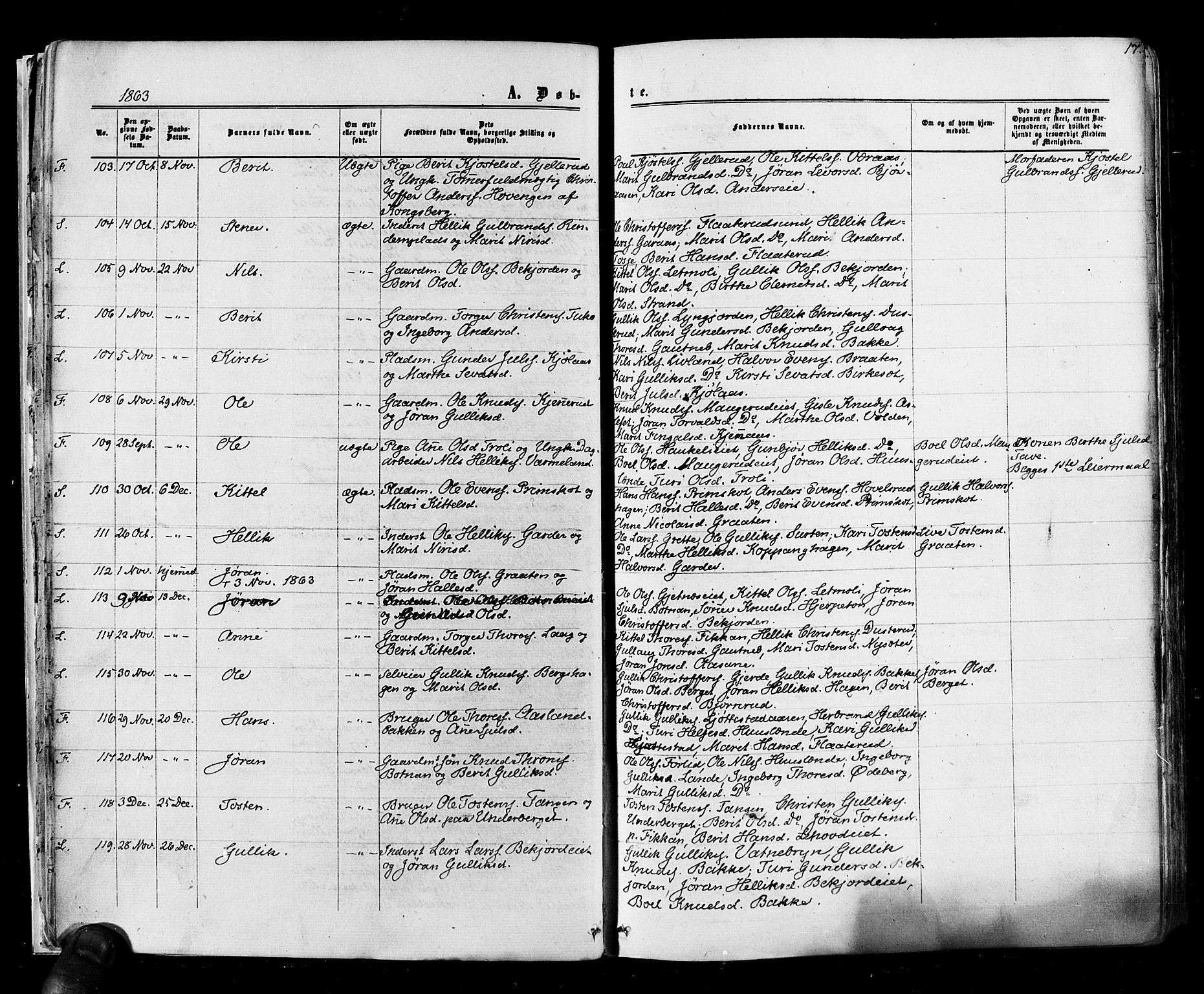 Flesberg kirkebøker, AV/SAKO-A-18/F/Fa/L0007: Parish register (official) no. I 7, 1861-1878, p. 17
