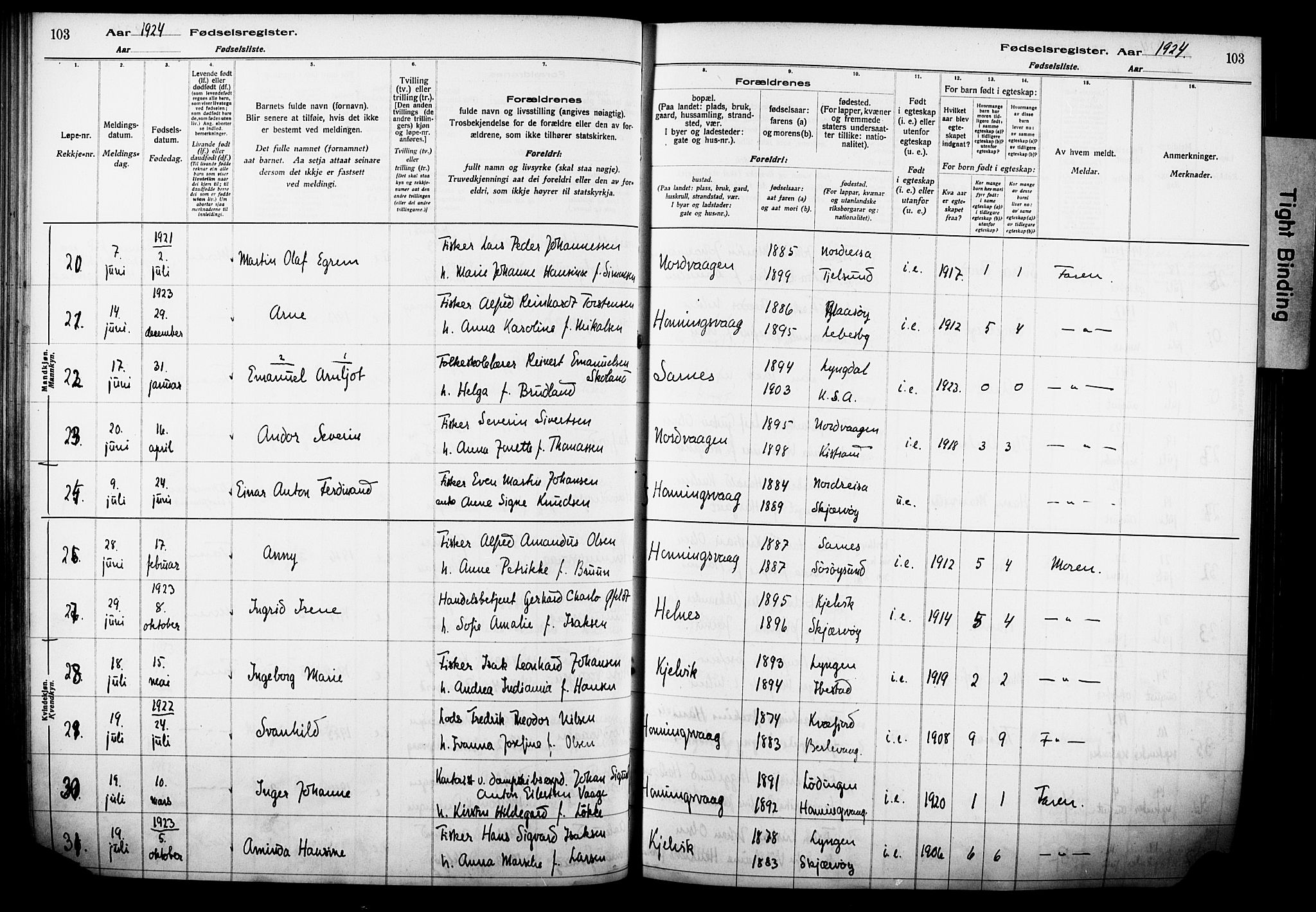 Kjelvik/Nordkapp sokneprestkontor, AV/SATØ-S-1350/I/Ia/L0015: Birth register no. 15, 1916-1930, p. 103