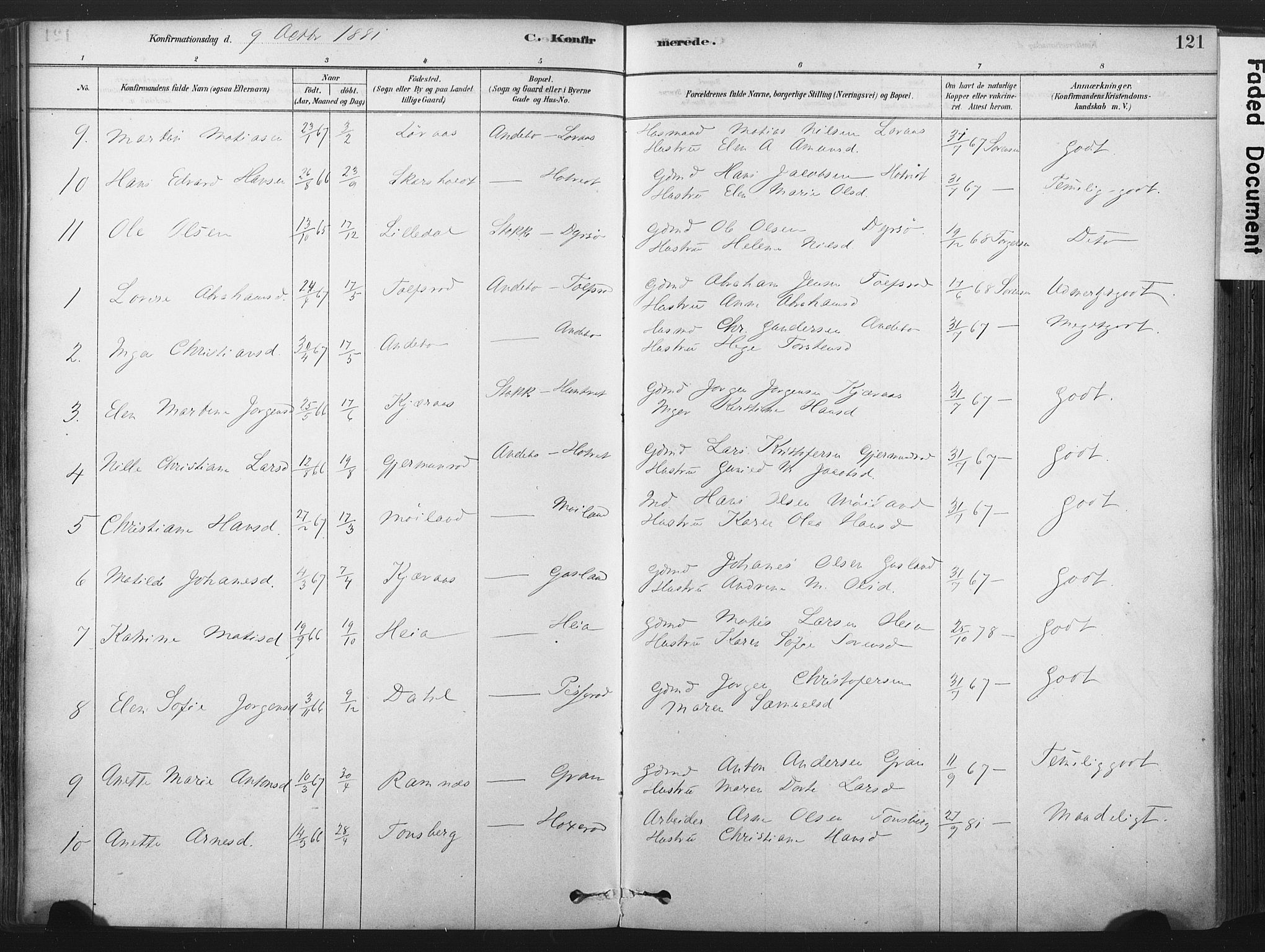 Andebu kirkebøker, SAKO/A-336/F/Fa/L0007: Parish register (official) no. 7, 1878-1899, p. 121