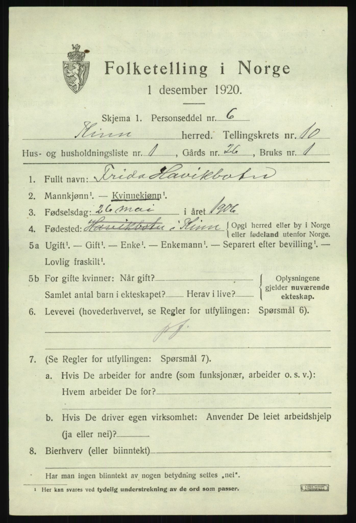 SAB, 1920 census for Kinn, 1920, p. 3449