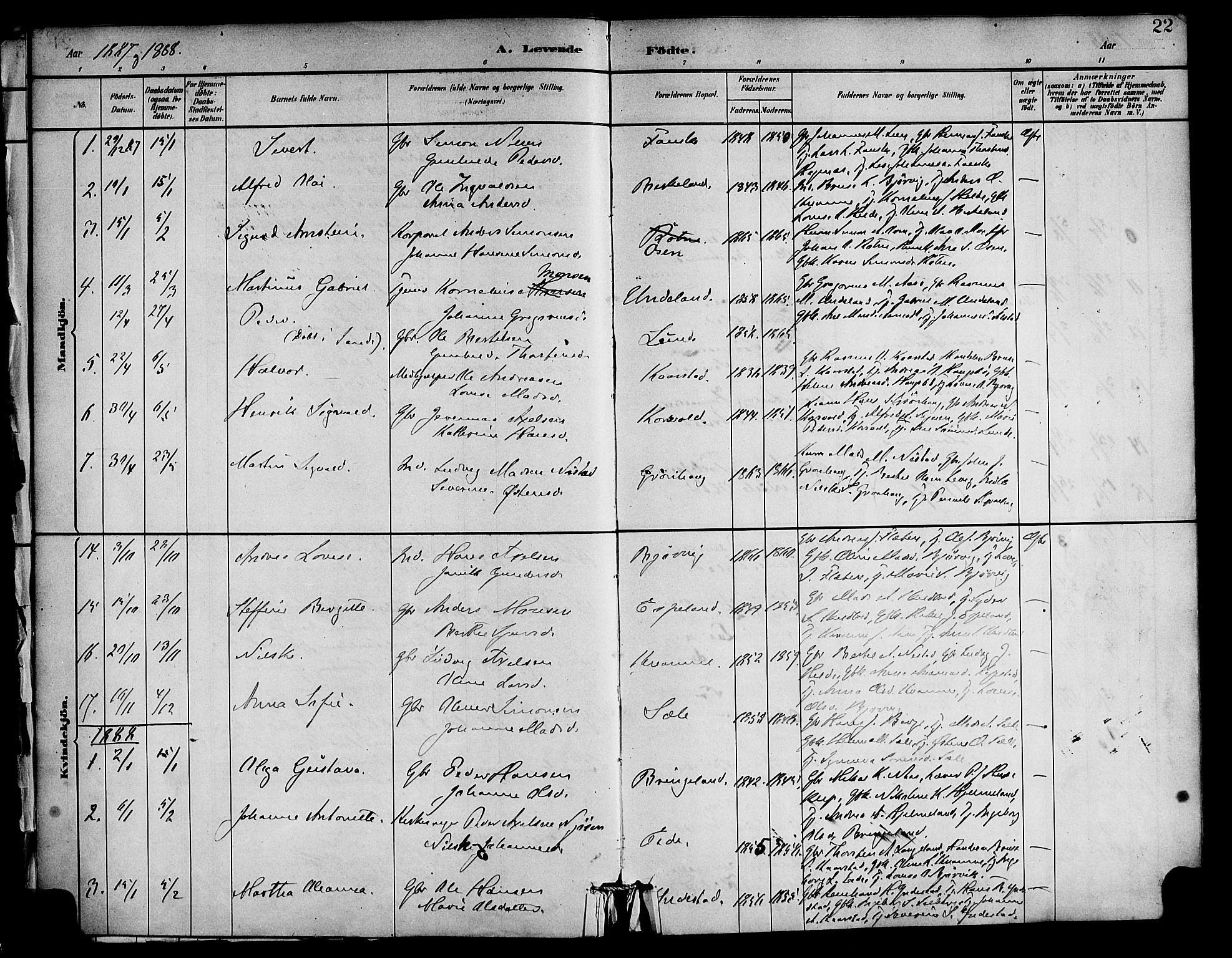 Gaular sokneprestembete, AV/SAB-A-80001/H/Haa: Parish register (official) no. C 1, 1882-1897, p. 22