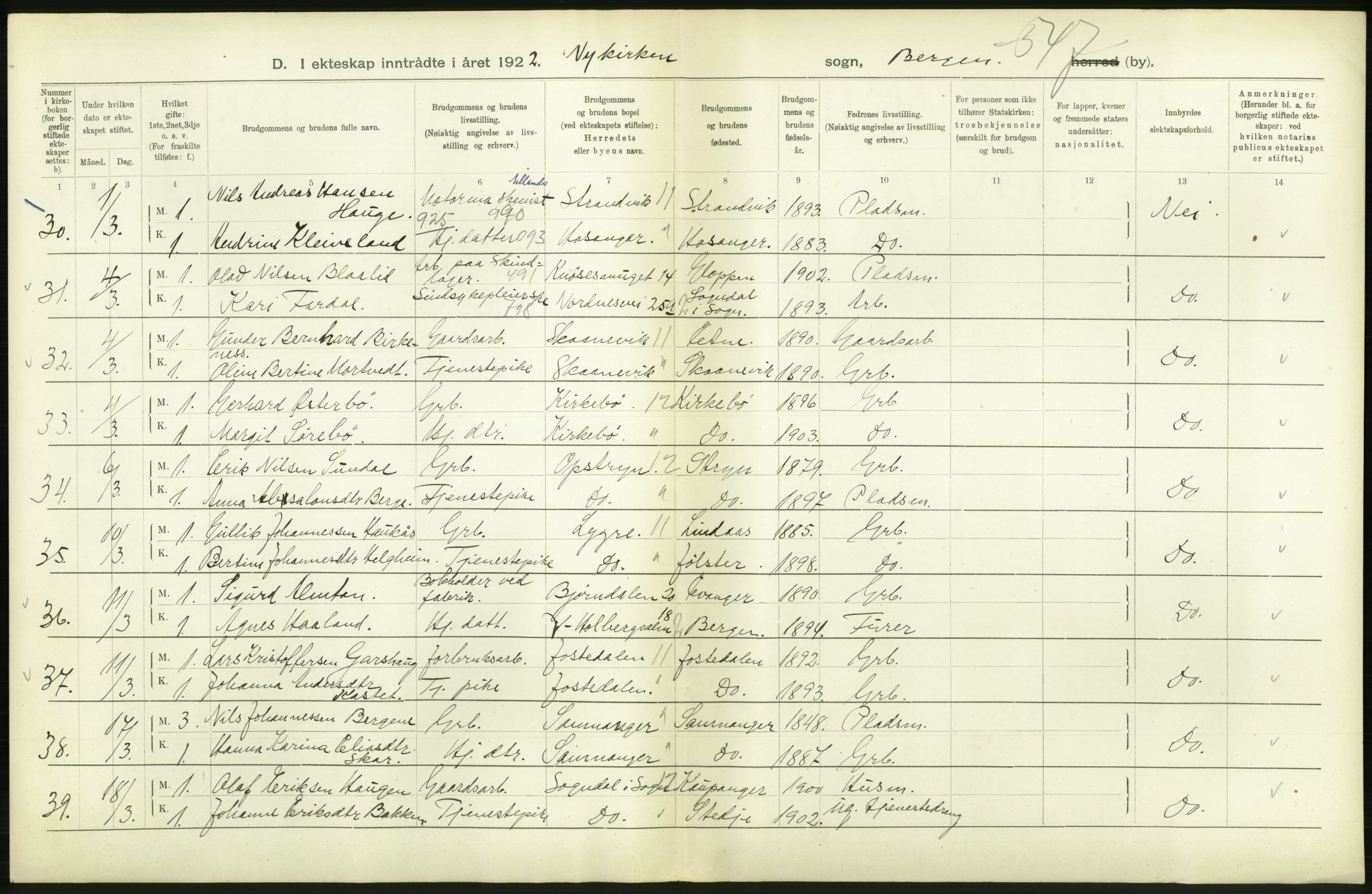 Statistisk sentralbyrå, Sosiodemografiske emner, Befolkning, AV/RA-S-2228/D/Df/Dfc/Dfcb/L0030: Bergen: Gifte, døde, dødfødte., 1922, p. 122