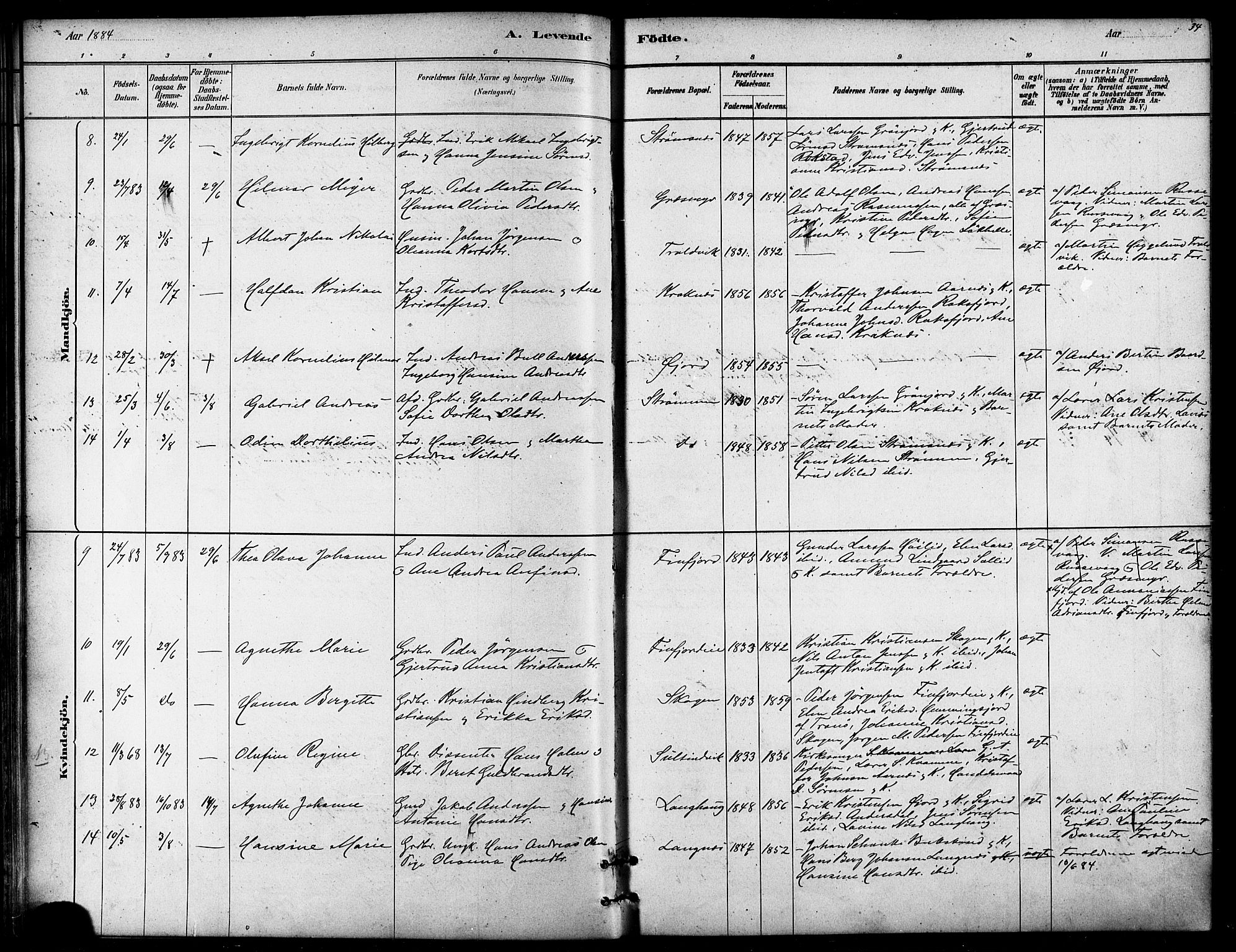 Lenvik sokneprestembete, SATØ/S-1310/H/Ha/Haa/L0011kirke: Parish register (official) no. 11, 1880-1889, p. 34
