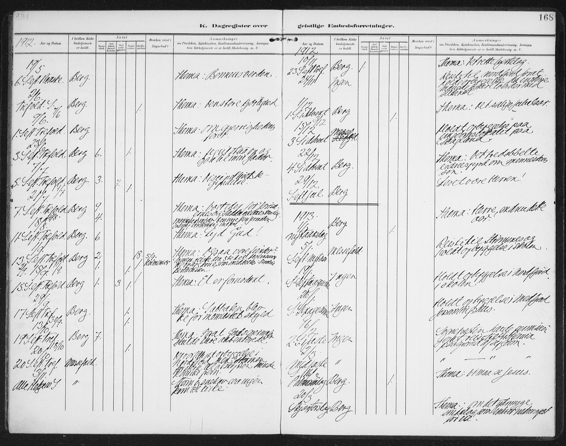 Berg sokneprestkontor, AV/SATØ-S-1318/G/Ga/Gaa/L0007kirke: Parish register (official) no. 7, 1906-1915, p. 168