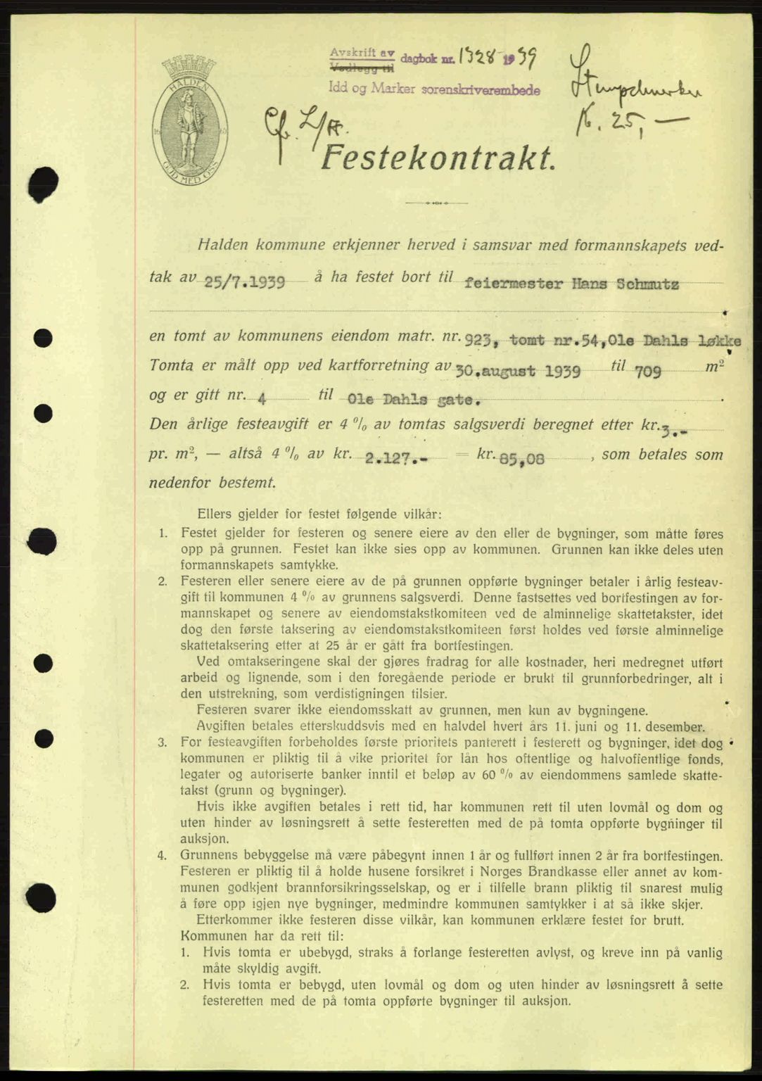 Idd og Marker sorenskriveri, AV/SAO-A-10283/G/Gb/Gbb/L0003: Mortgage book no. A3, 1938-1939, Diary no: : 1328/1939