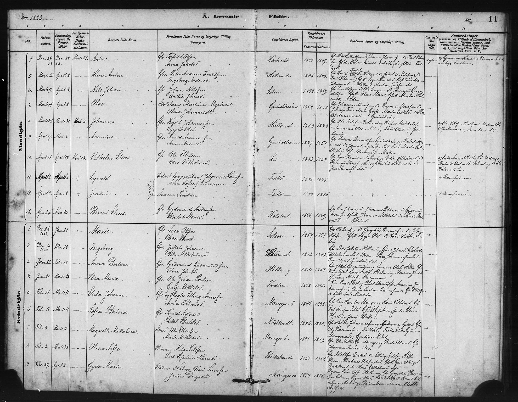 Manger sokneprestembete, SAB/A-76801/H/Haa: Parish register (official) no. B 1, 1881-1892, p. 11