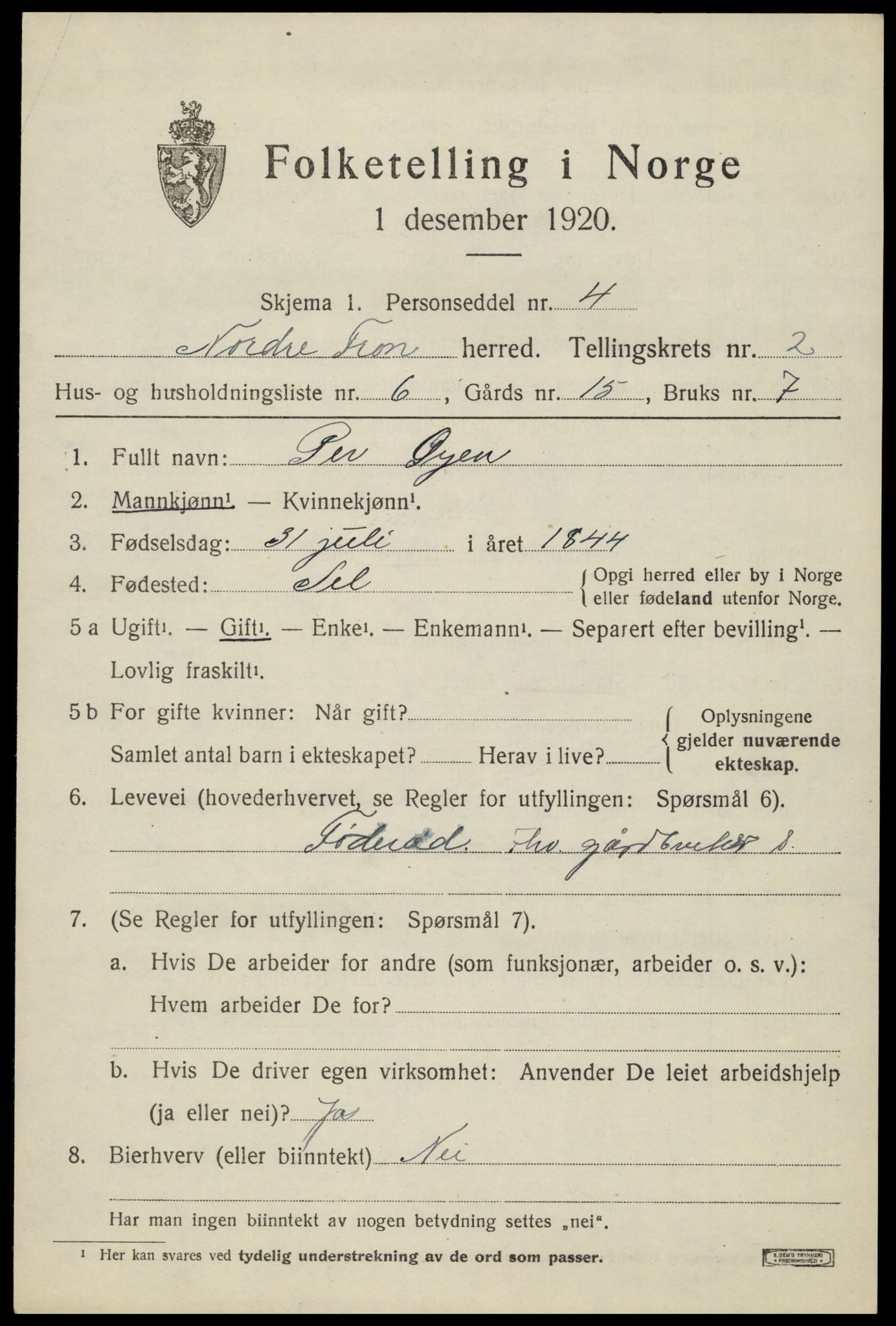SAH, 1920 census for Nord-Fron, 1920, p. 2718