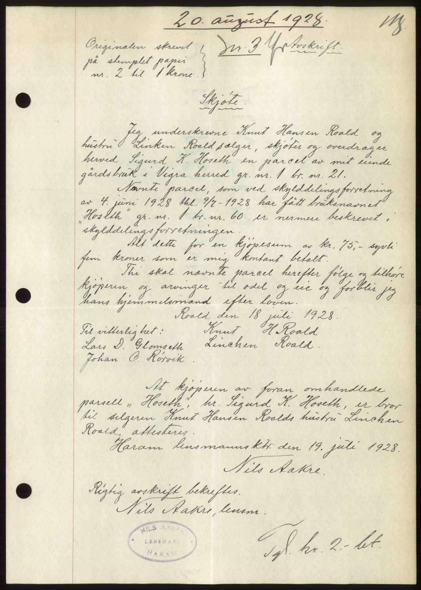 Nordre Sunnmøre sorenskriveri, AV/SAT-A-0006/1/2/2C/2Ca/L0042: Mortgage book no. 42, 1928-1928, Deed date: 20.08.1928