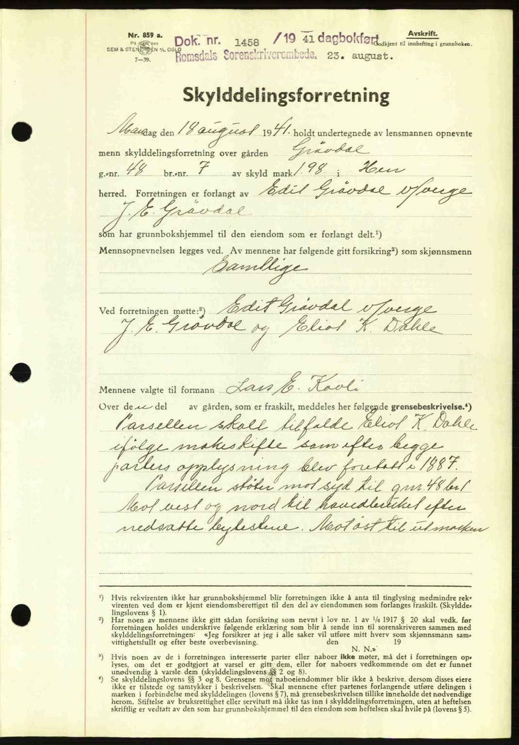 Romsdal sorenskriveri, AV/SAT-A-4149/1/2/2C: Mortgage book no. A10, 1941-1941, Diary no: : 1458/1941