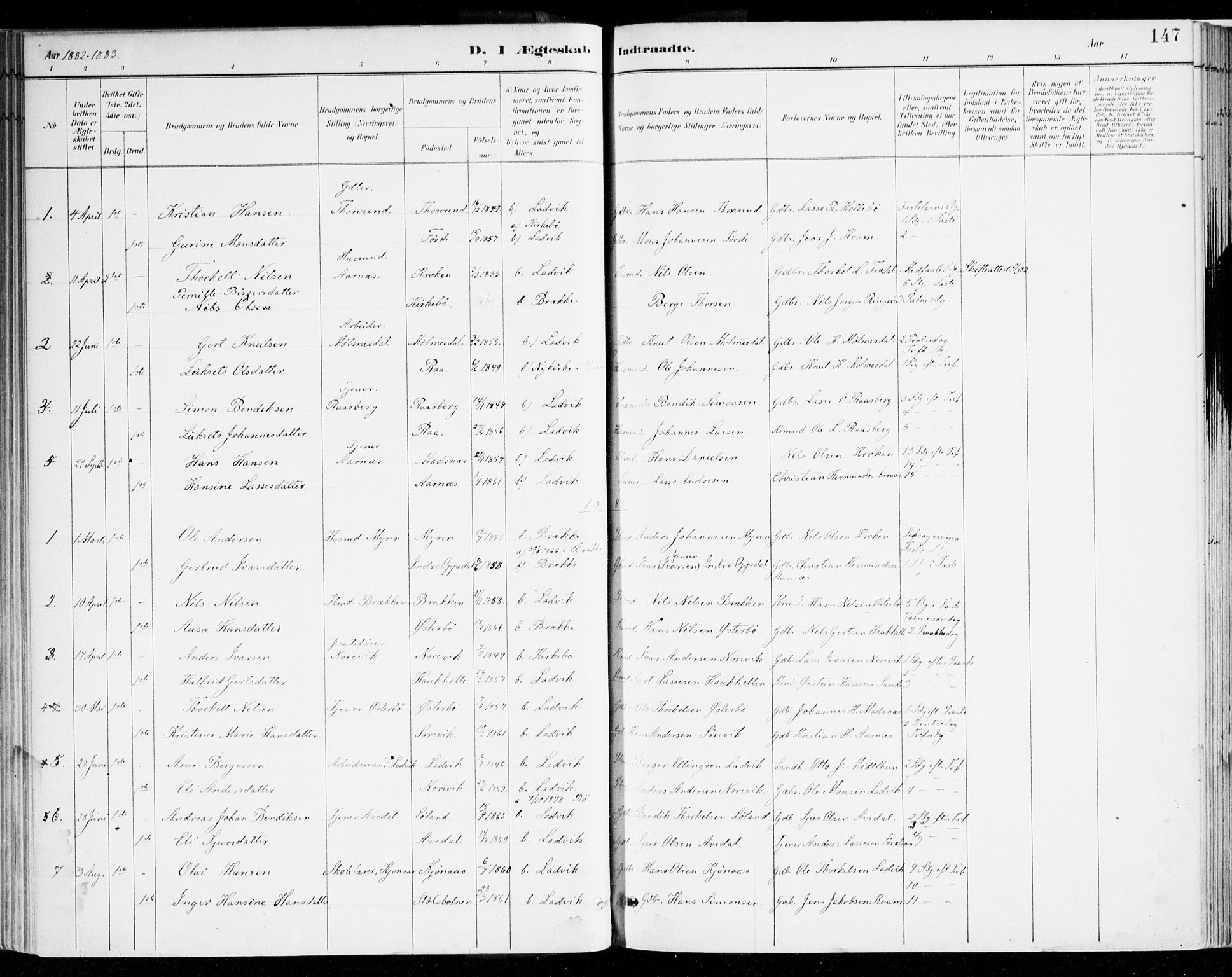 Lavik sokneprestembete, SAB/A-80901: Parish register (official) no. B 1, 1882-1908, p. 147