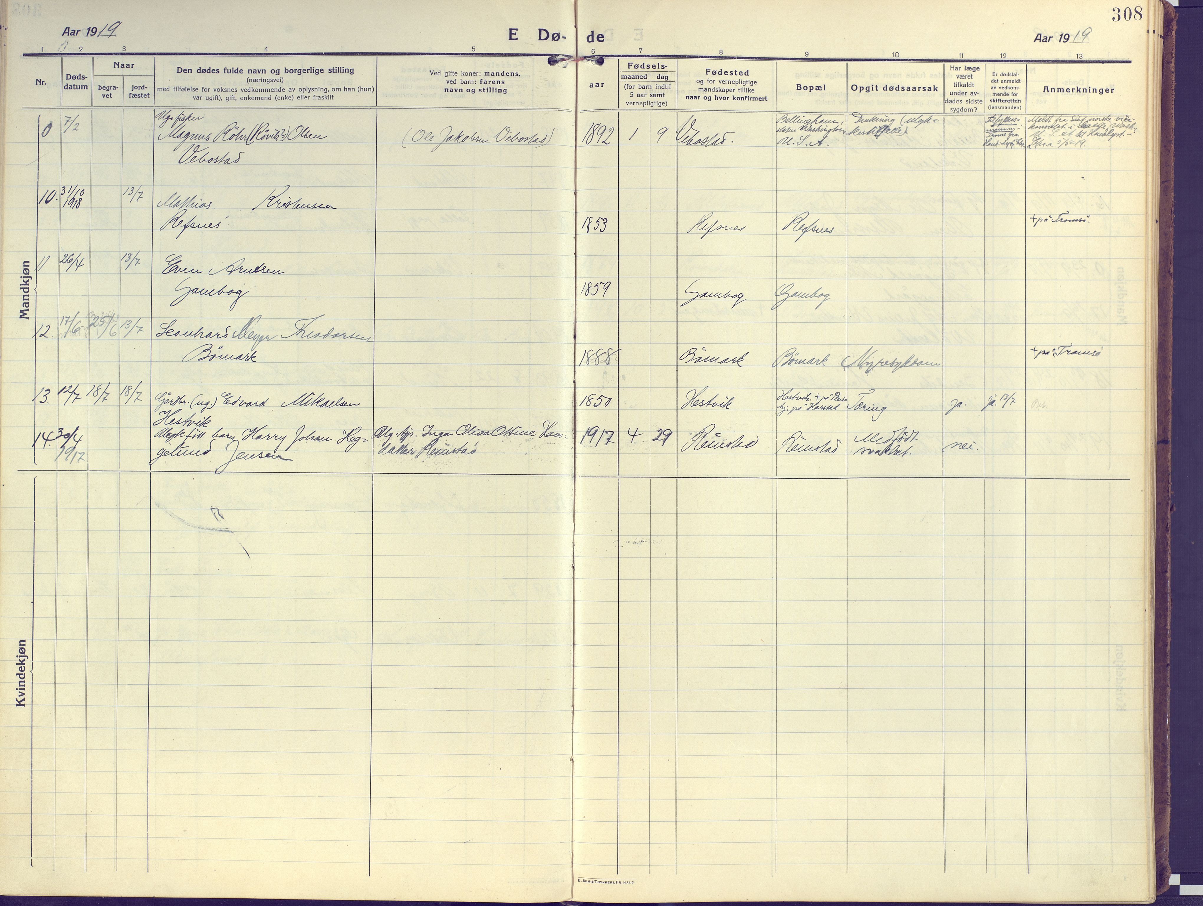 Kvæfjord sokneprestkontor, AV/SATØ-S-1323/G/Ga/Gaa/L0007kirke: Parish register (official) no. 7, 1915-1931, p. 308