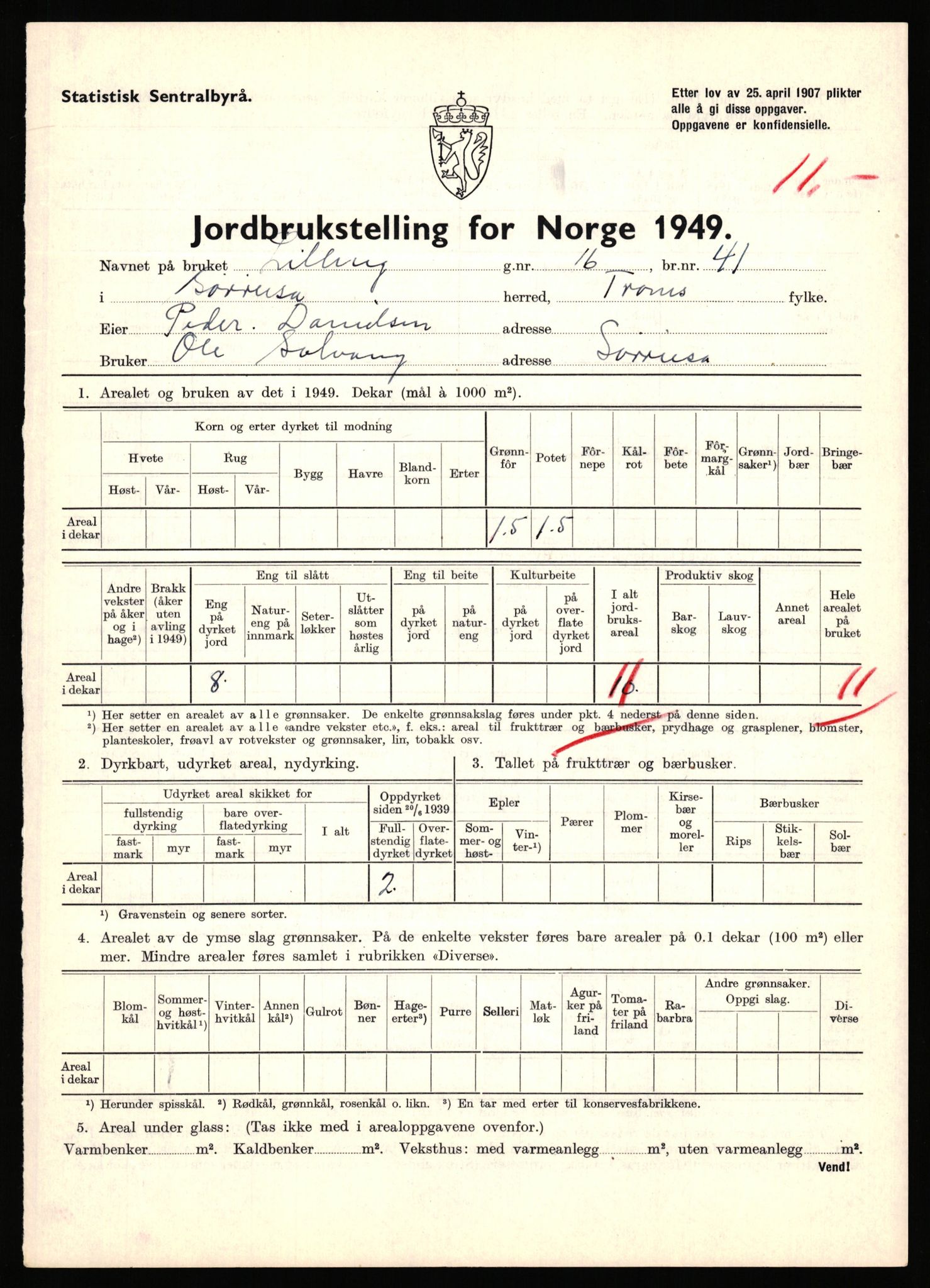 Statistisk sentralbyrå, Næringsøkonomiske emner, Jordbruk, skogbruk, jakt, fiske og fangst, AV/RA-S-2234/G/Gc/L0440: Troms: Sørreisa og Dyrøy, 1949, p. 187
