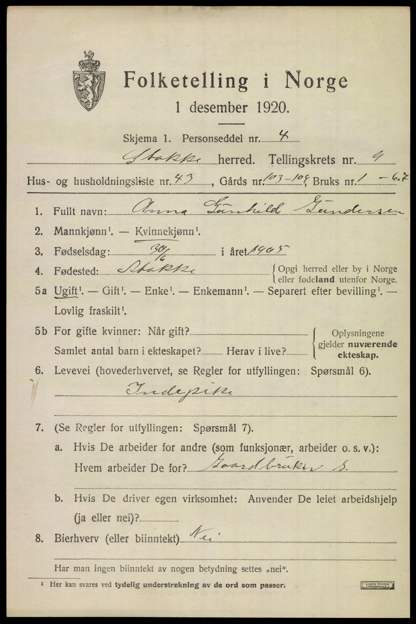 SAKO, 1920 census for Stokke, 1920, p. 10892