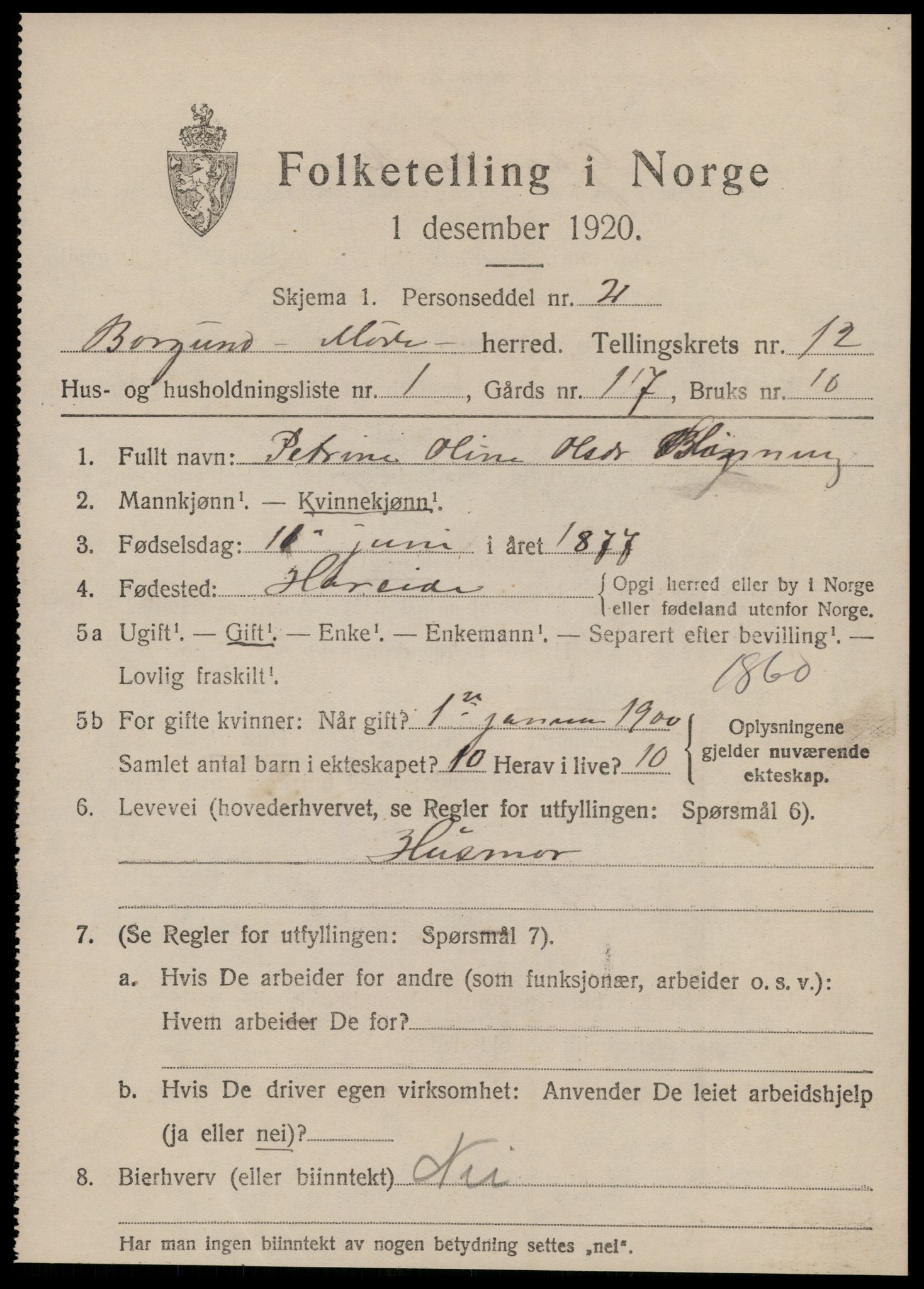 SAT, 1920 census for Borgund, 1920, p. 10408