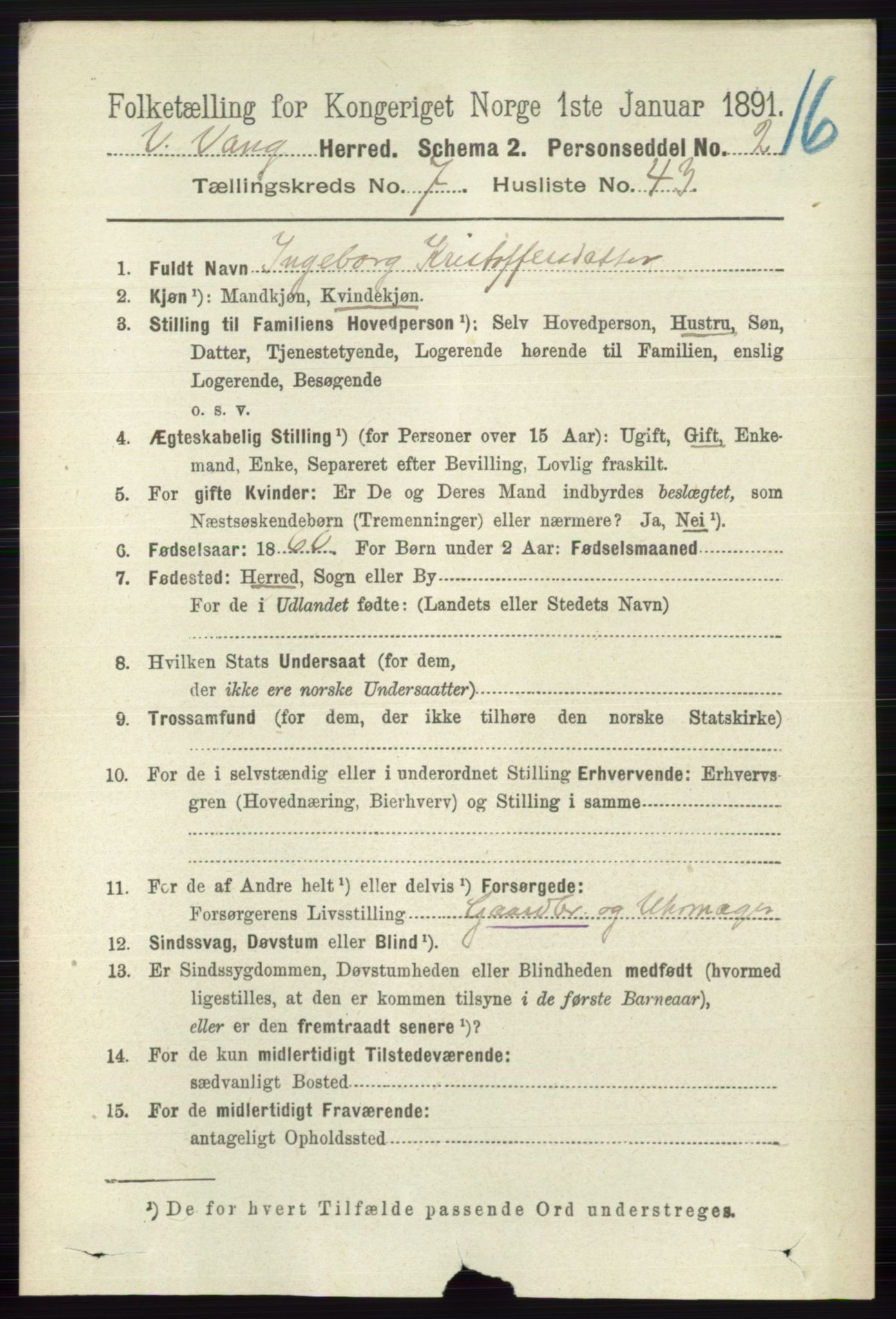 RA, 1891 census for 0545 Vang, 1891, p. 1692