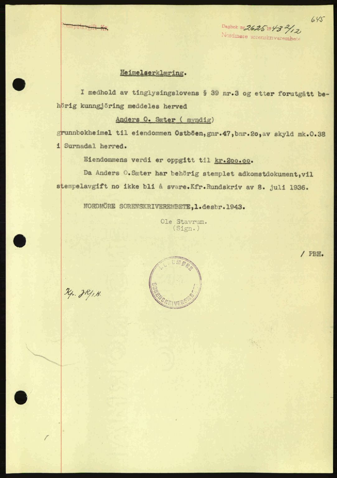 Nordmøre sorenskriveri, SAT/A-4132/1/2/2Ca: Mortgage book no. A96, 1943-1944, Diary no: : 2625/1943