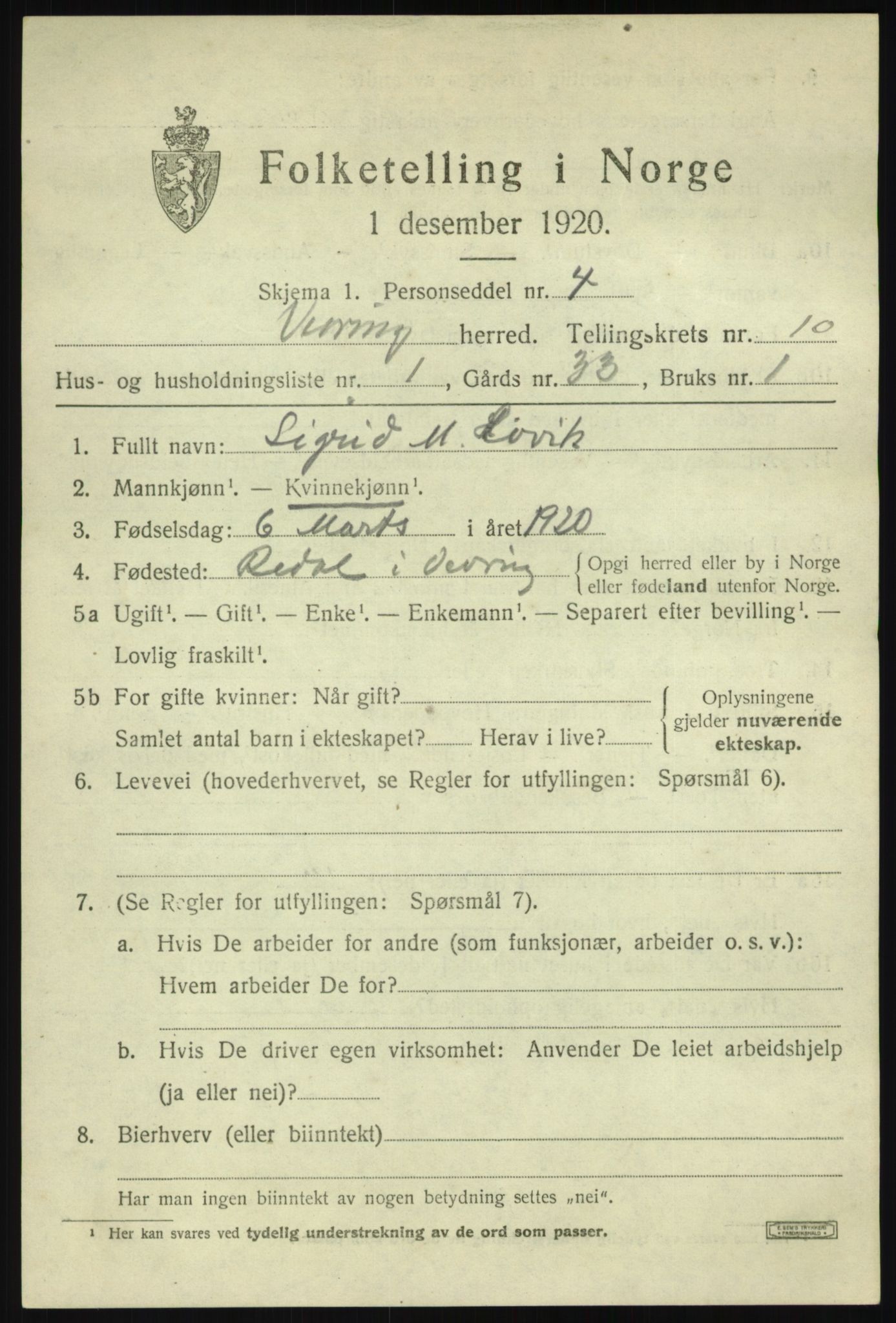 SAB, 1920 census for Vevring, 1920, p. 2532