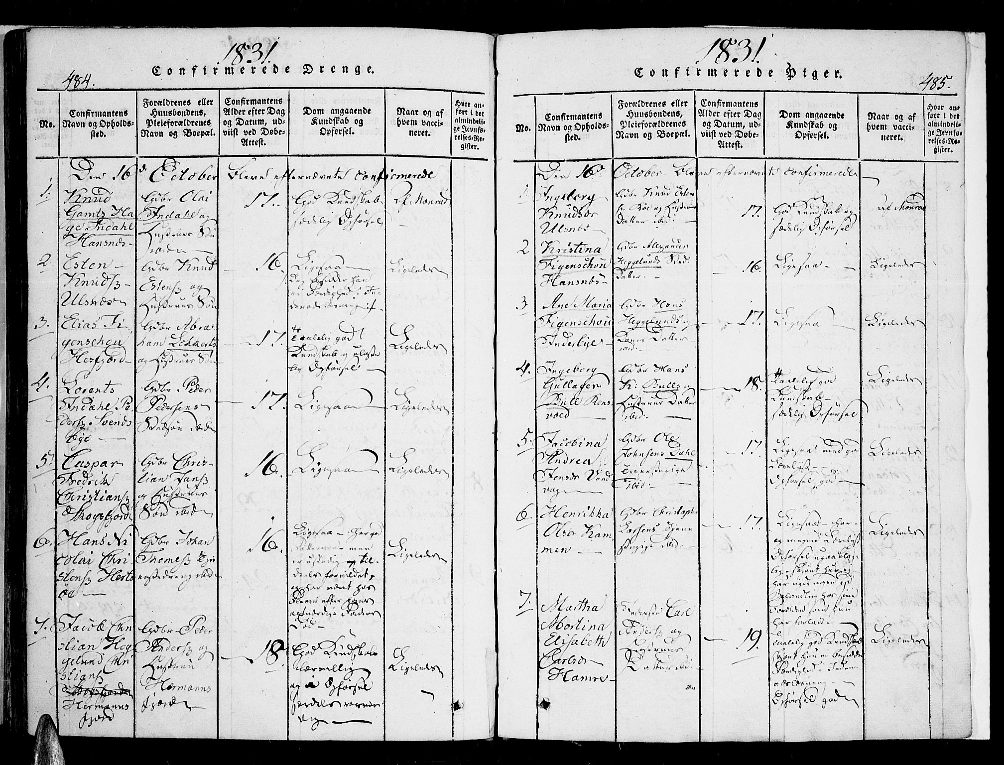 Karlsøy sokneprestembete, SATØ/S-1299/H/Ha/Haa/L0002kirke: Parish register (official) no. 2, 1823-1842, p. 484-485