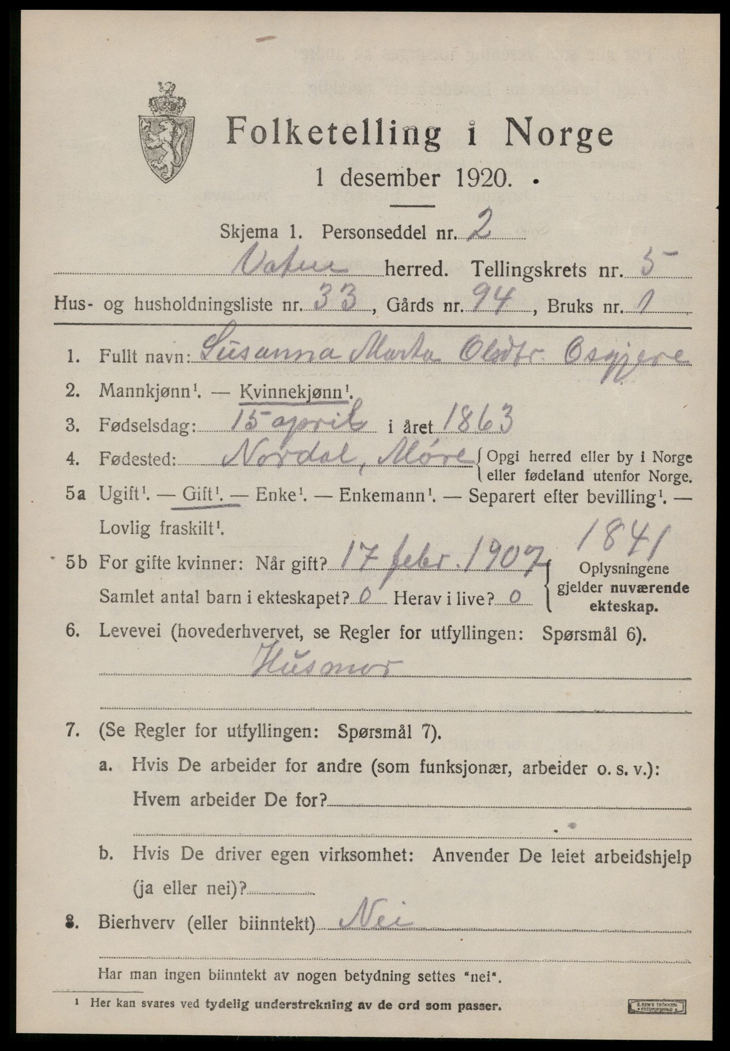 SAT, 1920 census for Vatne, 1920, p. 2654