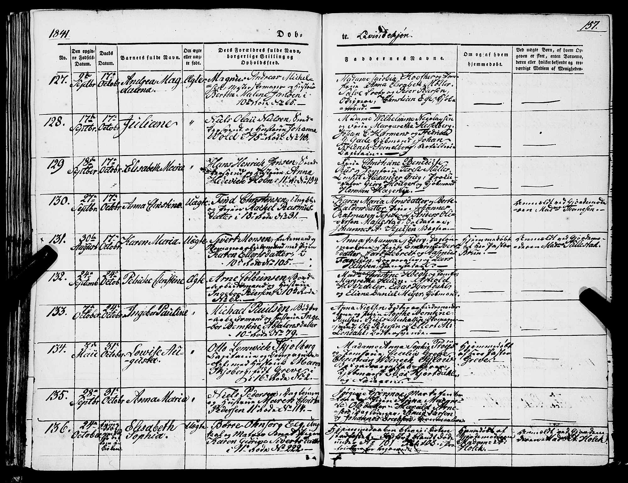 Domkirken sokneprestembete, SAB/A-74801/H/Haa/L0019: Parish register (official) no. B 2, 1841-1851, p. 157