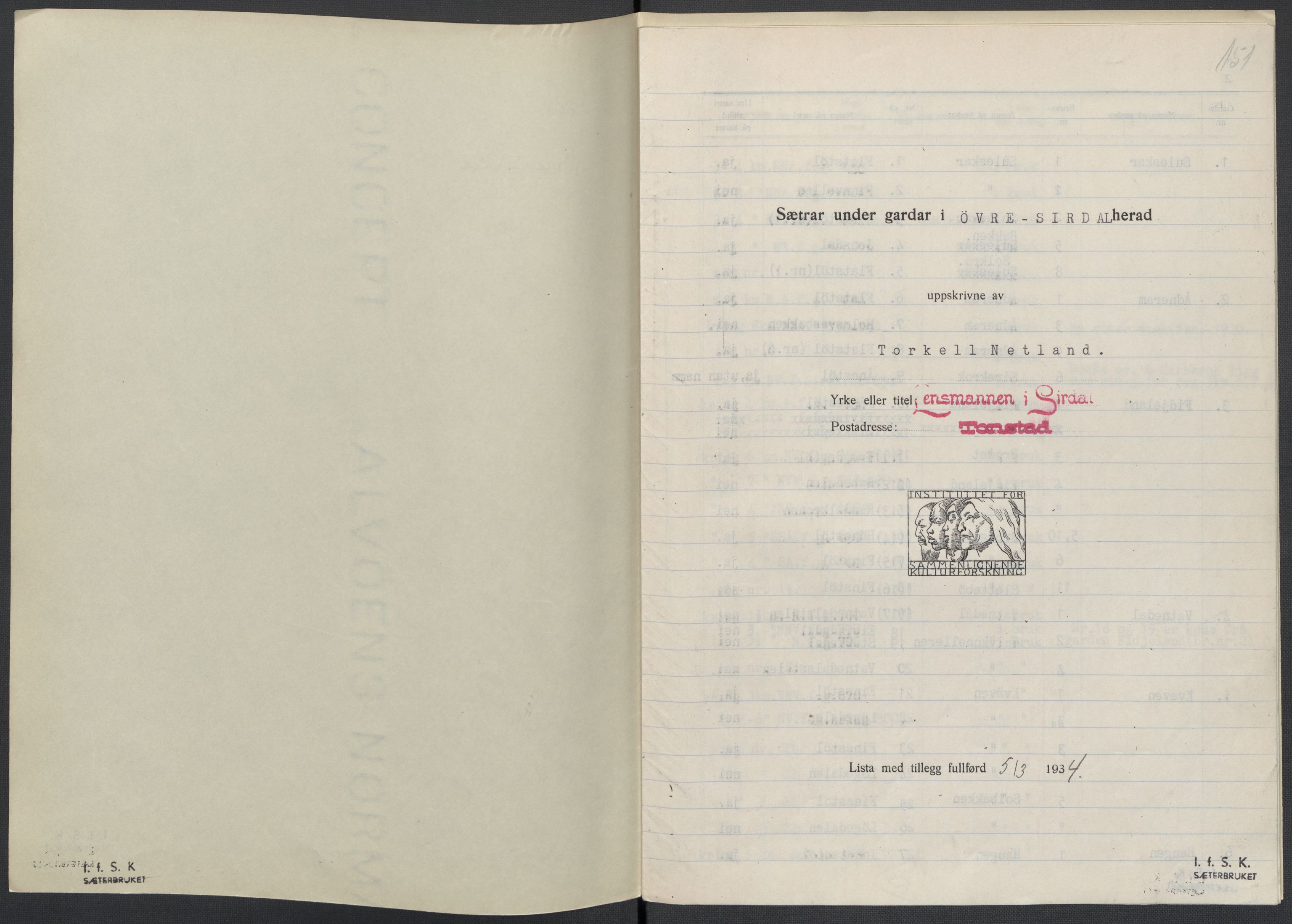 Instituttet for sammenlignende kulturforskning, AV/RA-PA-0424/F/Fc/L0008/0003: Eske B8: / Vest-Agder (perm XXI), 1932-1935, p. 151