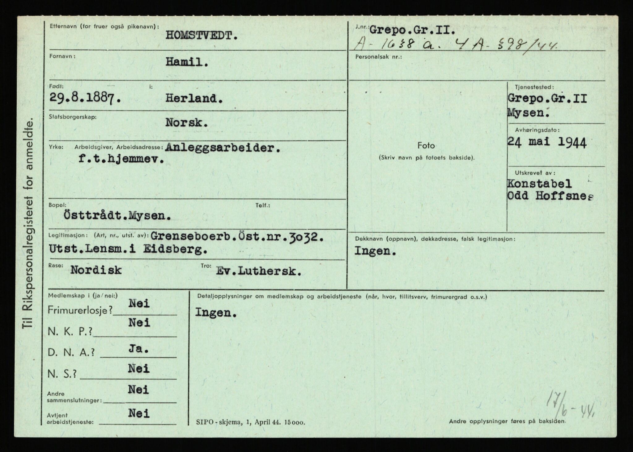 Statspolitiet - Hovedkontoret / Osloavdelingen, AV/RA-S-1329/C/Ca/L0007: Hol - Joelsen, 1943-1945, p. 819