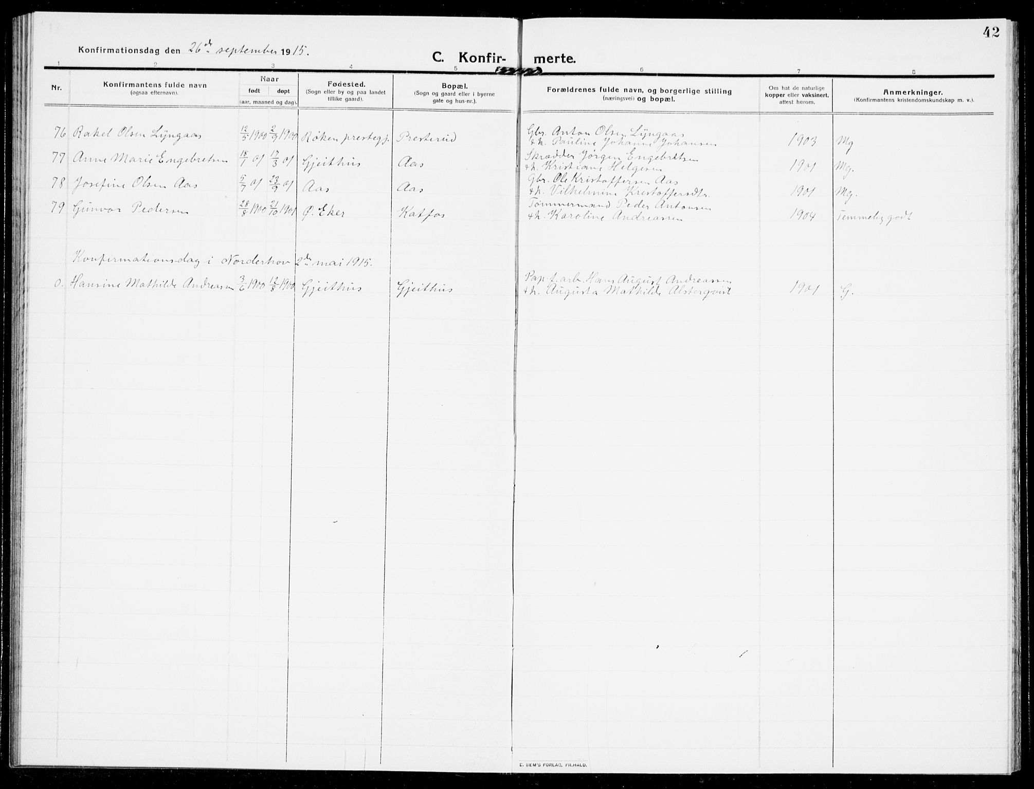 Modum kirkebøker, AV/SAKO-A-234/G/Ga/L0010: Parish register (copy) no. I 10, 1909-1923, p. 42