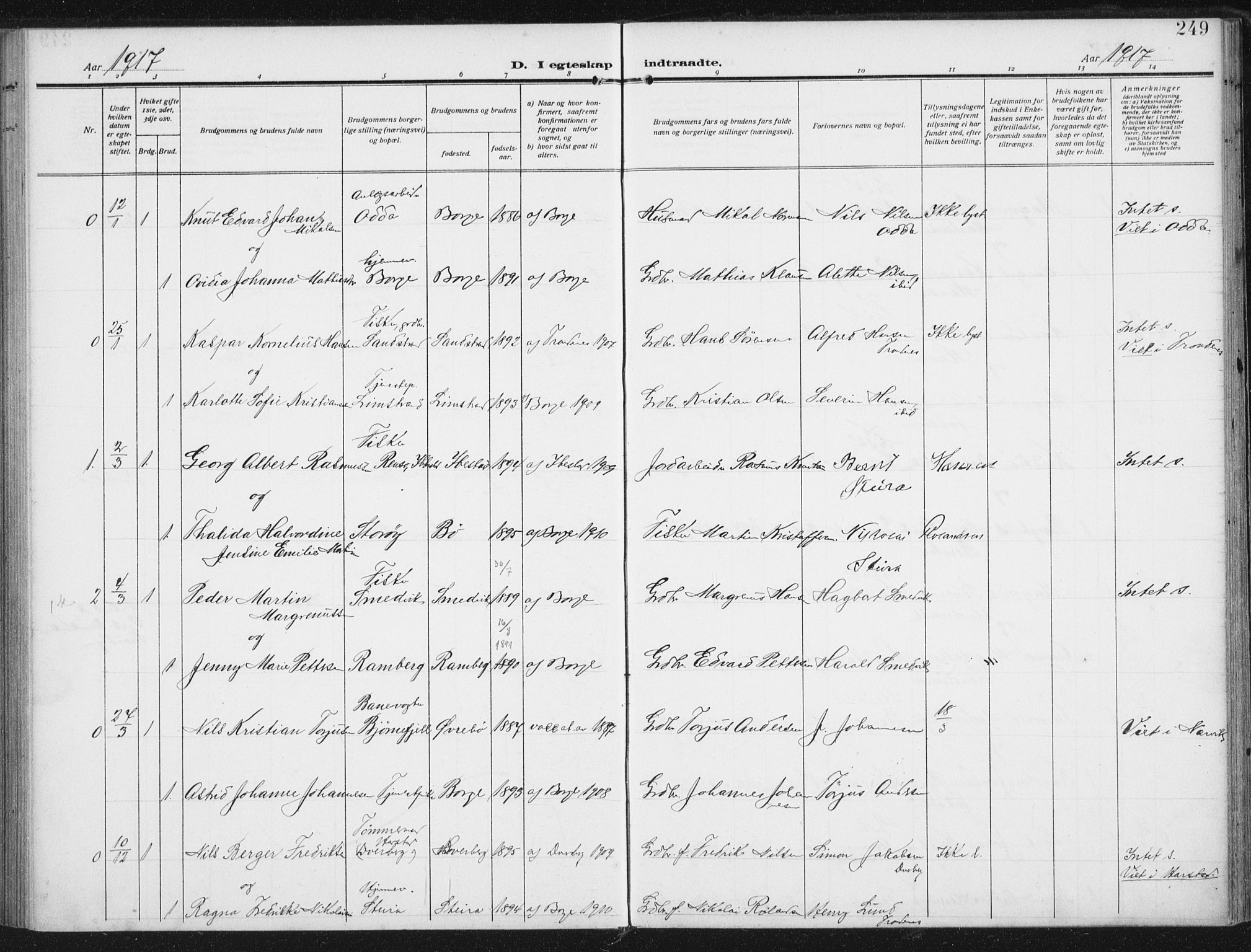 Ministerialprotokoller, klokkerbøker og fødselsregistre - Nordland, SAT/A-1459/880/L1135: Parish register (official) no. 880A09, 1908-1919, p. 249
