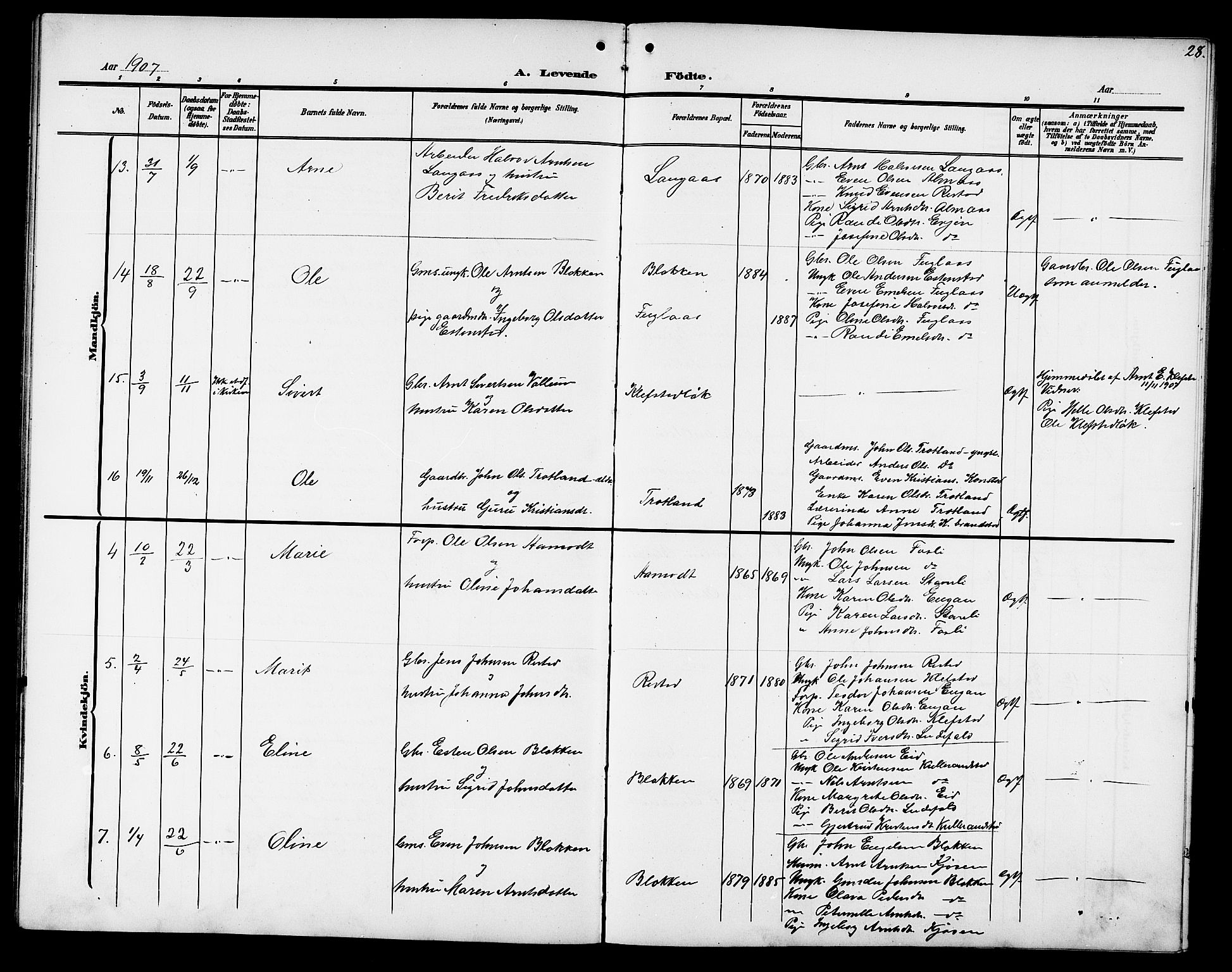 Ministerialprotokoller, klokkerbøker og fødselsregistre - Sør-Trøndelag, AV/SAT-A-1456/694/L1133: Parish register (copy) no. 694C05, 1901-1914, p. 28