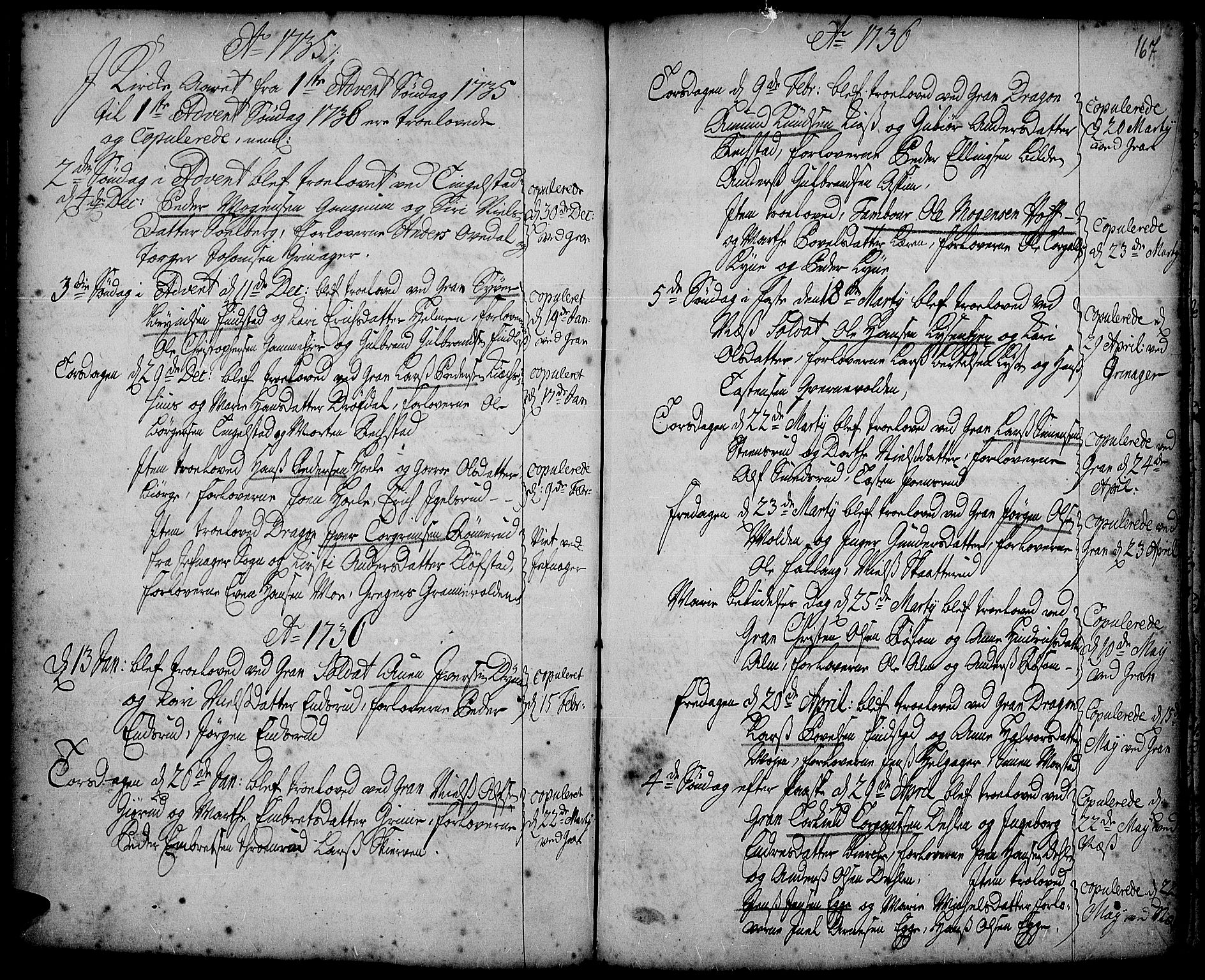 Gran prestekontor, SAH/PREST-112/H/Ha/Haa/L0002: Parish register (official) no. 2, 1732-1744, p. 167