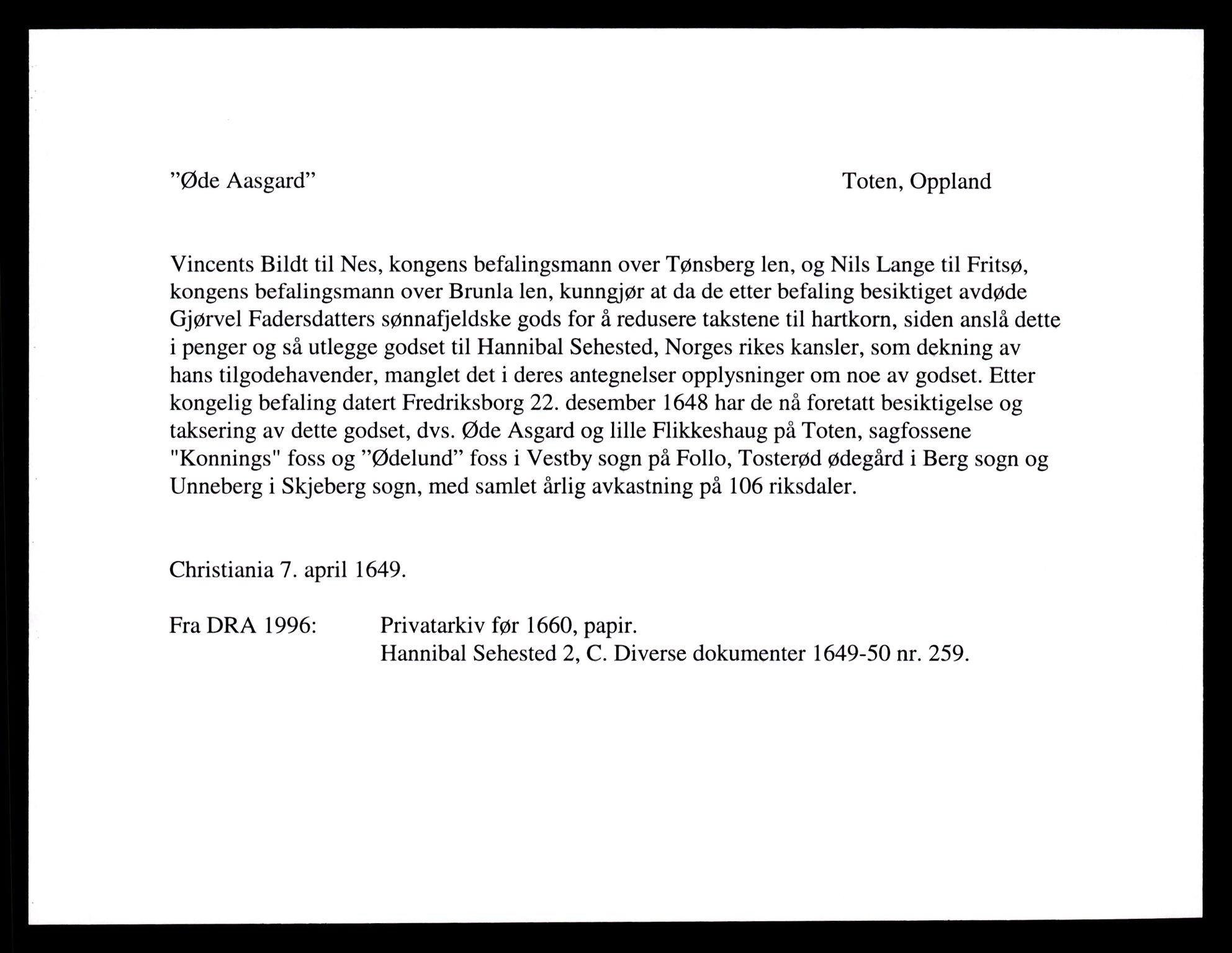 Riksarkivets diplomsamling, AV/RA-EA-5965/F35/F35e/L0011: Registreringssedler Oppland 3, 1400-1700, p. 129