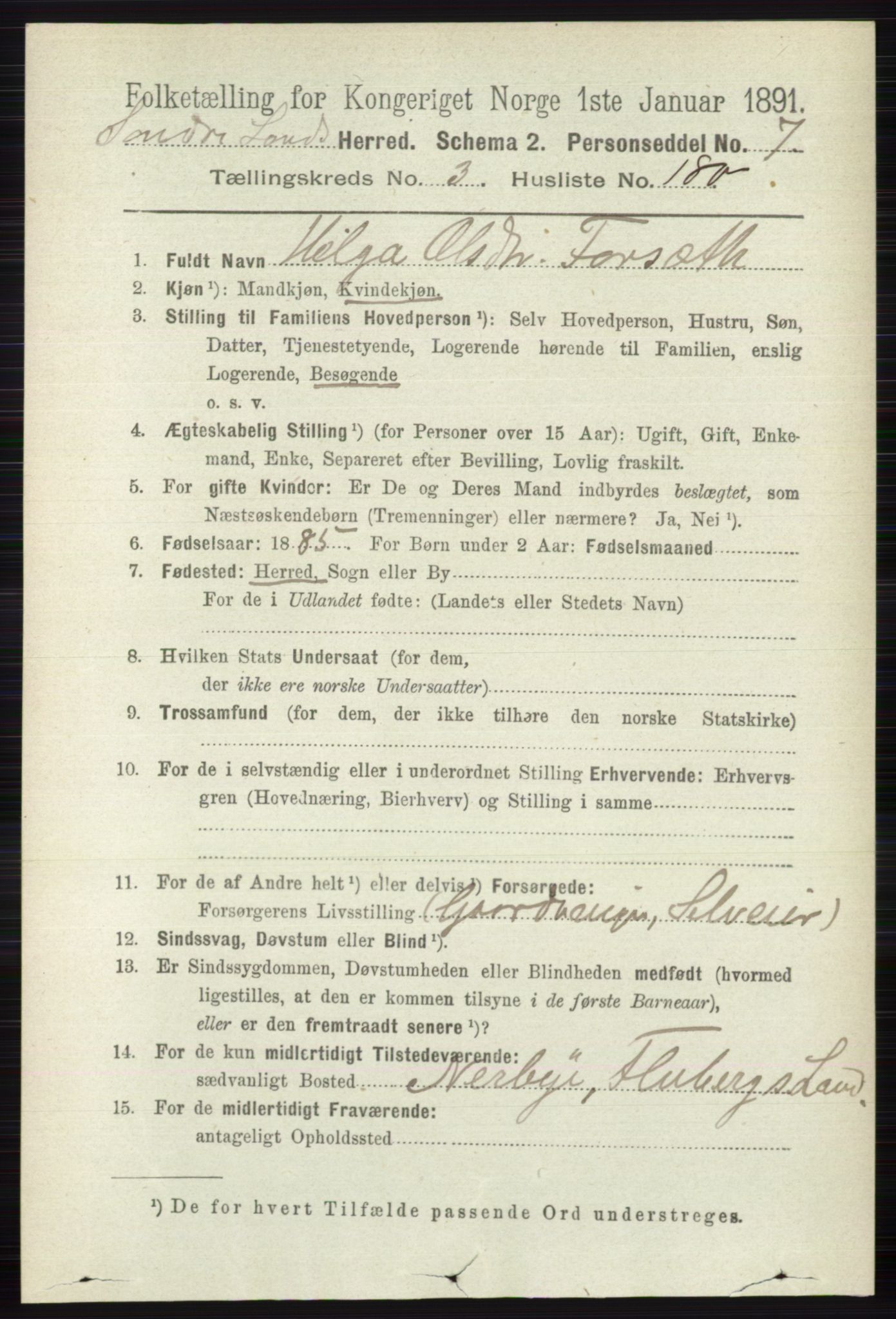 RA, 1891 census for 0536 Søndre Land, 1891, p. 3596