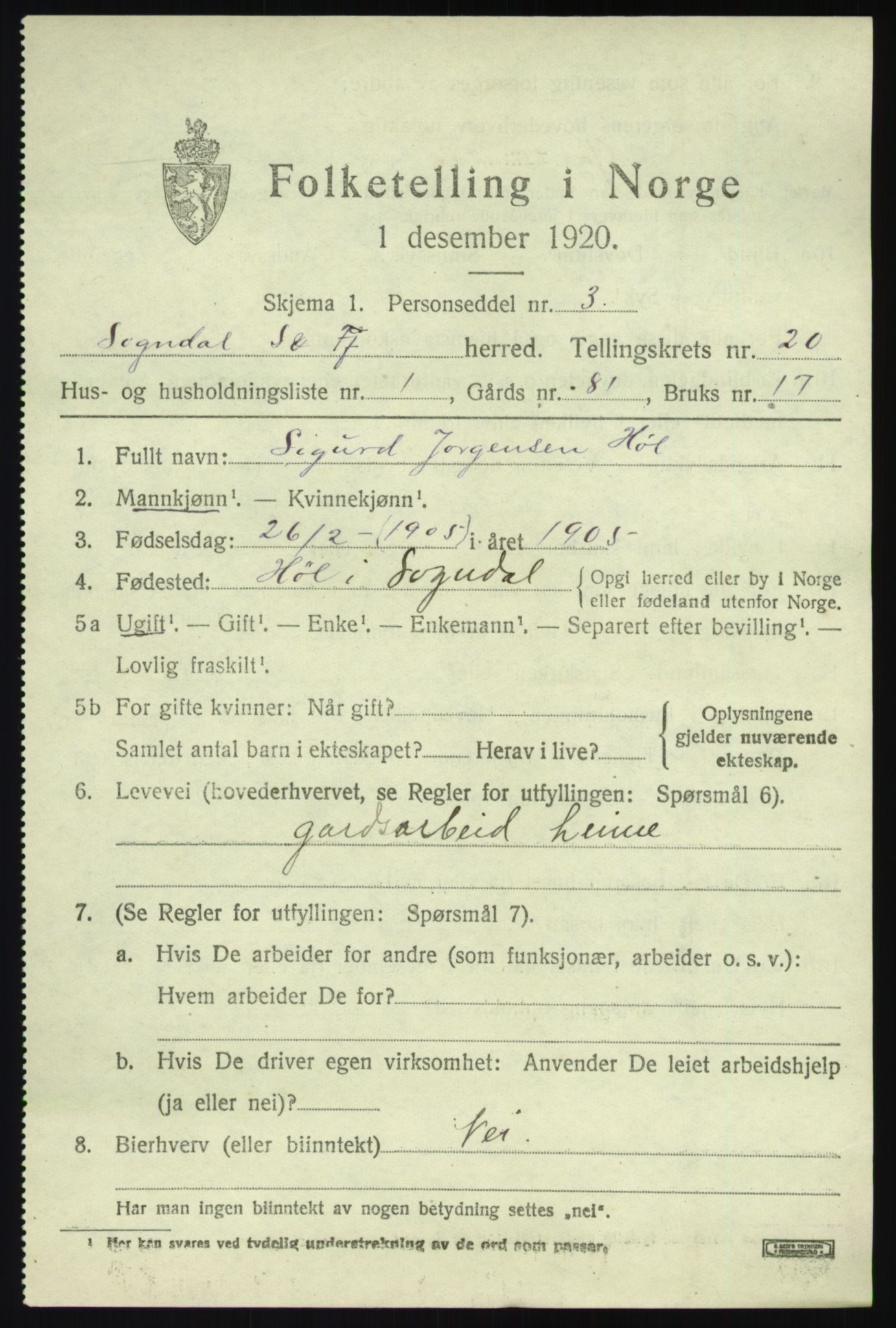 SAB, 1920 census for Sogndal, 1920, p. 7509