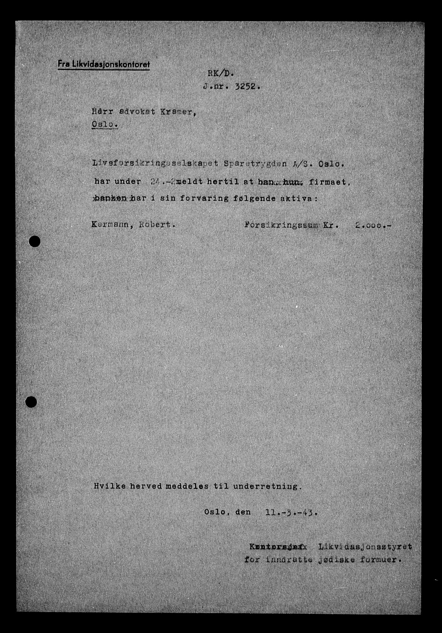 Justisdepartementet, Tilbakeføringskontoret for inndratte formuer, AV/RA-S-1564/H/Hc/Hcc/L0951: --, 1945-1947, p. 253