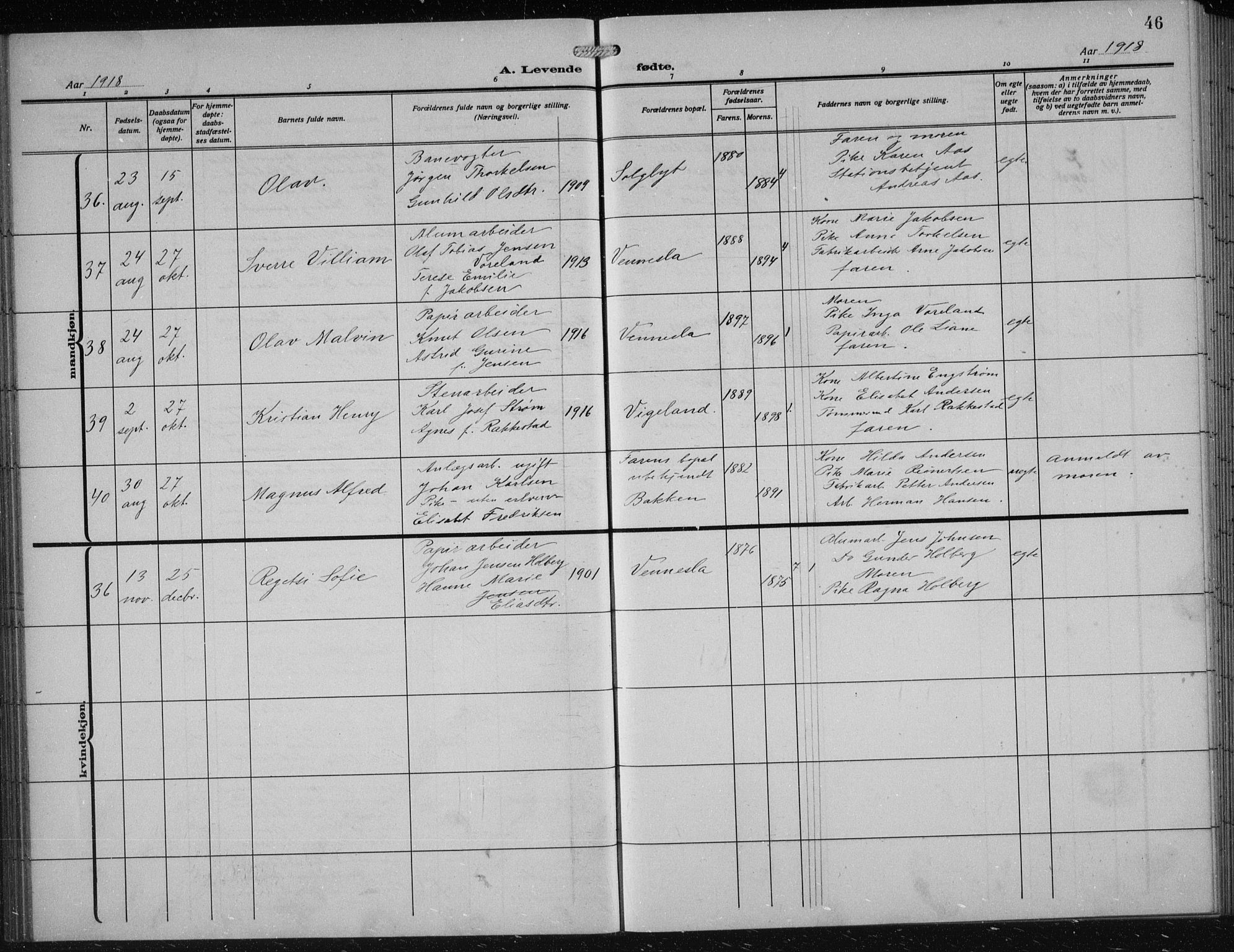 Vennesla sokneprestkontor, AV/SAK-1111-0045/Fb/Fbb/L0006: Parish register (copy) no. B 6, 1914-1921, p. 46