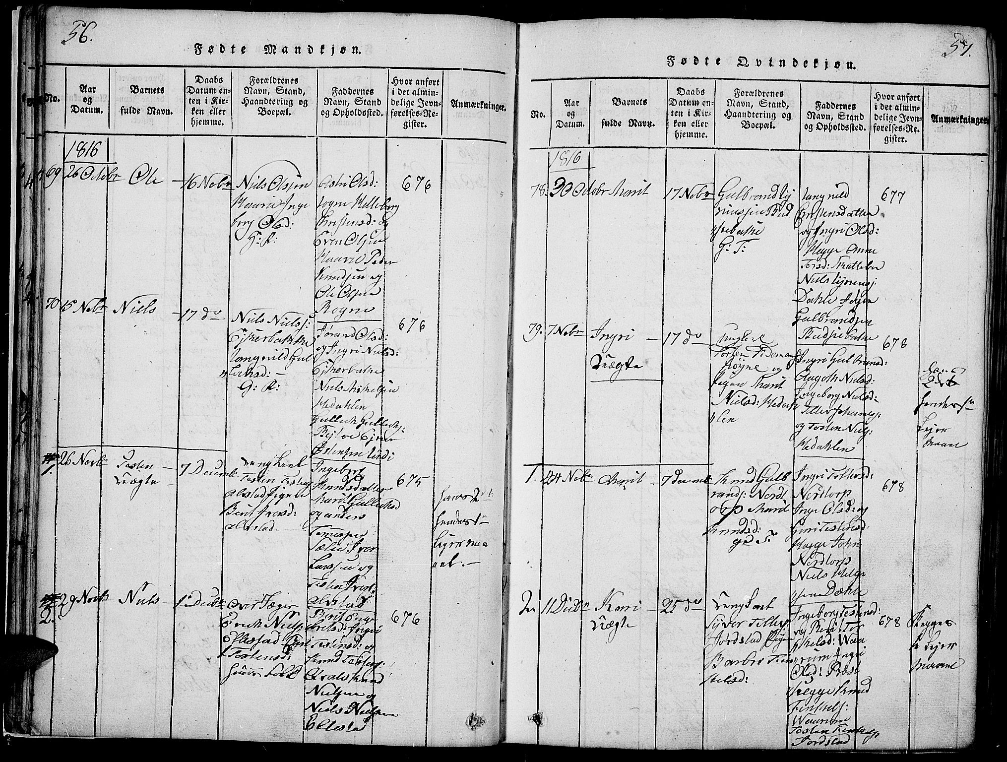 Slidre prestekontor, SAH/PREST-134/H/Ha/Haa/L0002: Parish register (official) no. 2, 1814-1830, p. 56-57