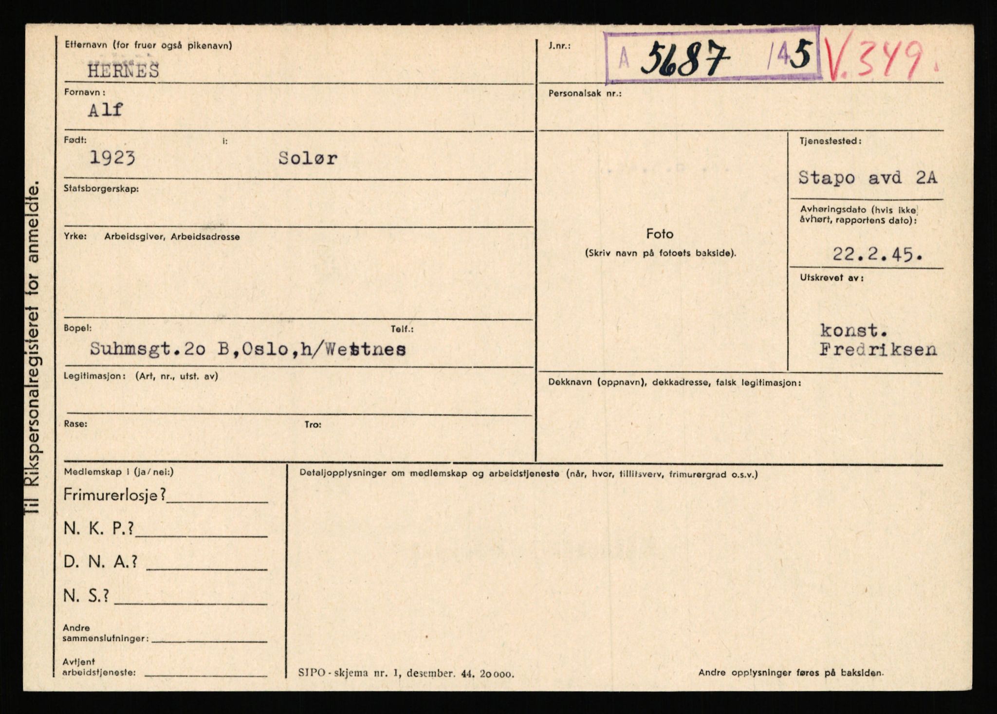 Statspolitiet - Hovedkontoret / Osloavdelingen, AV/RA-S-1329/C/Ca/L0006: Hanche - Hokstvedt, 1943-1945, p. 3988