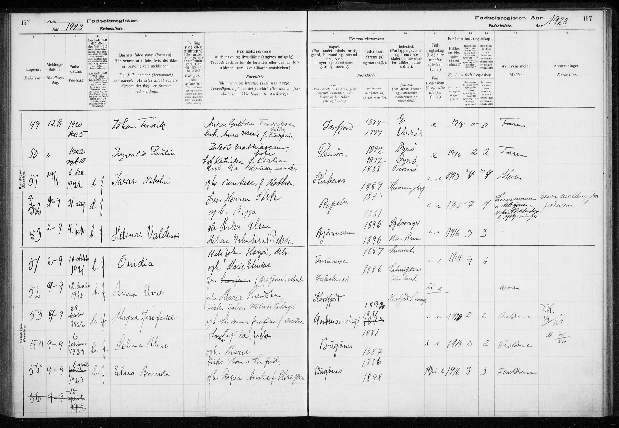 Sør-Varanger sokneprestkontor, AV/SATØ-S-1331/I/Ia/L0016: Birth register no. 16, 1915-1925, p. 157