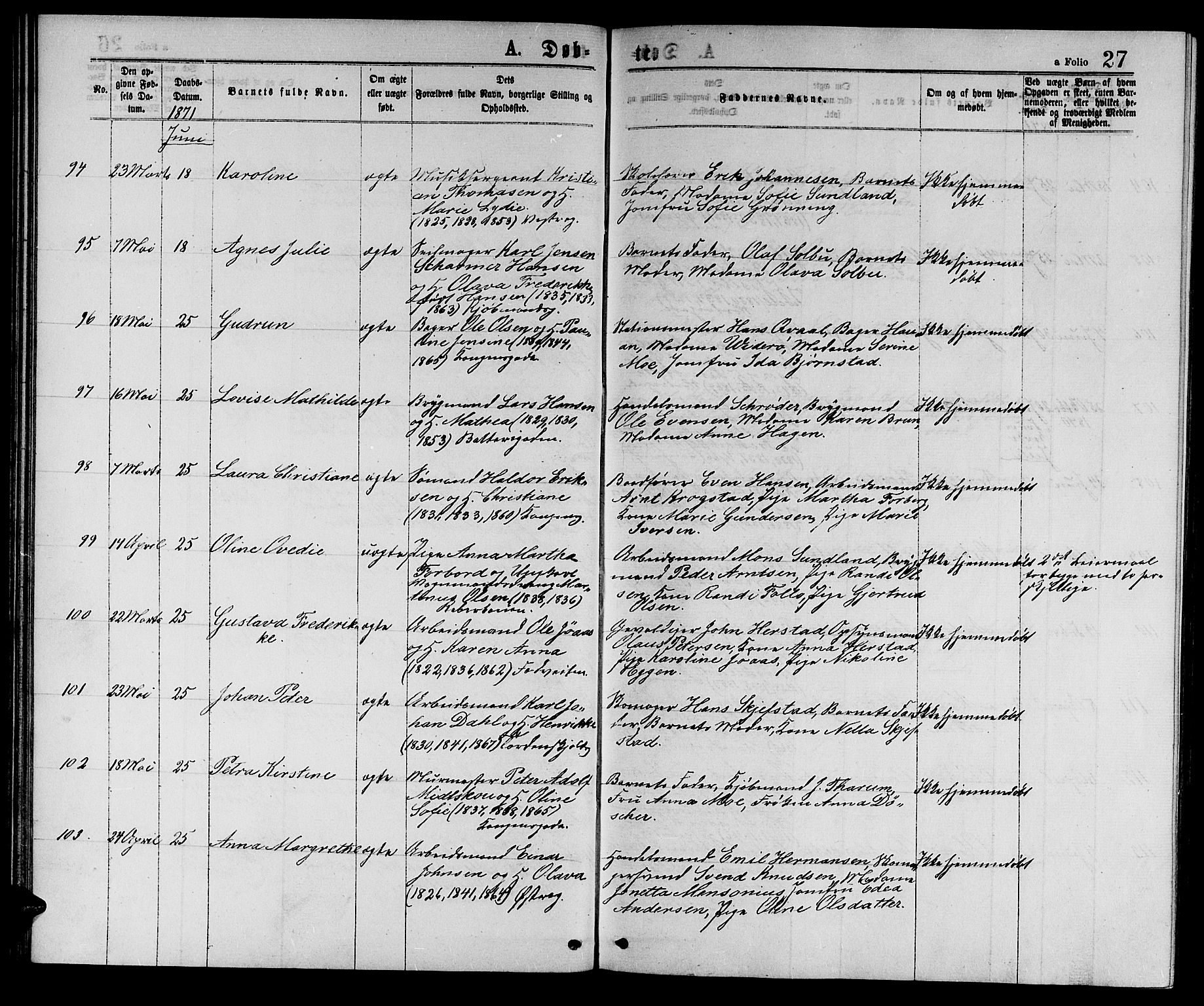 Ministerialprotokoller, klokkerbøker og fødselsregistre - Sør-Trøndelag, AV/SAT-A-1456/601/L0088: Parish register (copy) no. 601C06, 1870-1878, p. 27