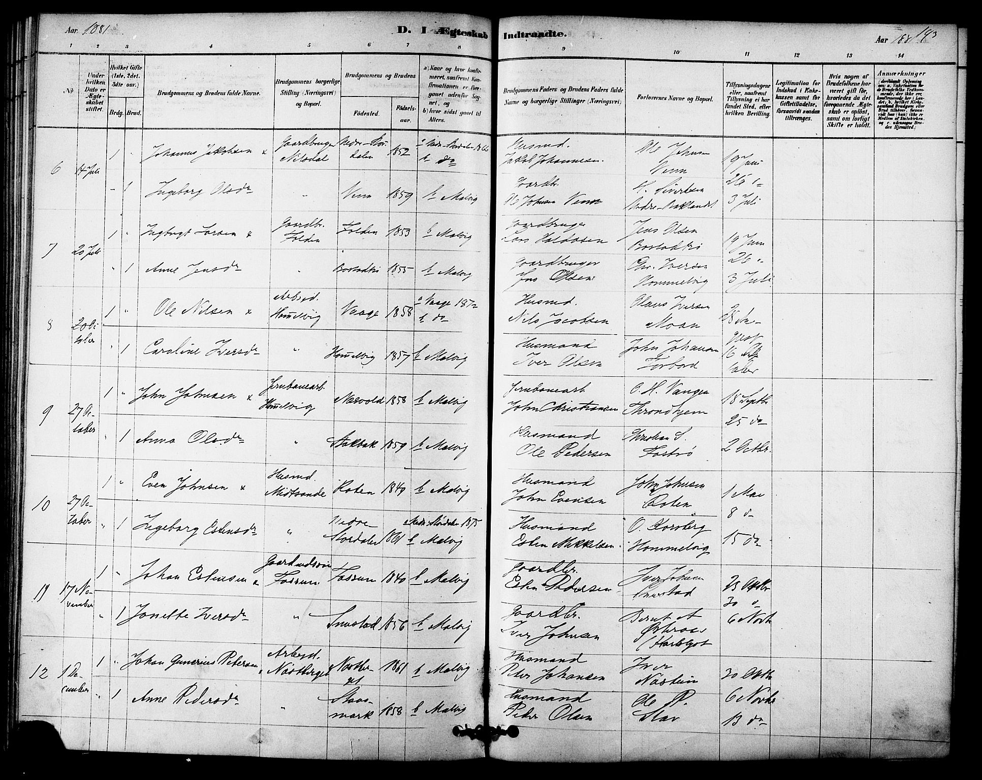 Ministerialprotokoller, klokkerbøker og fødselsregistre - Sør-Trøndelag, SAT/A-1456/616/L0410: Parish register (official) no. 616A07, 1878-1893, p. 193