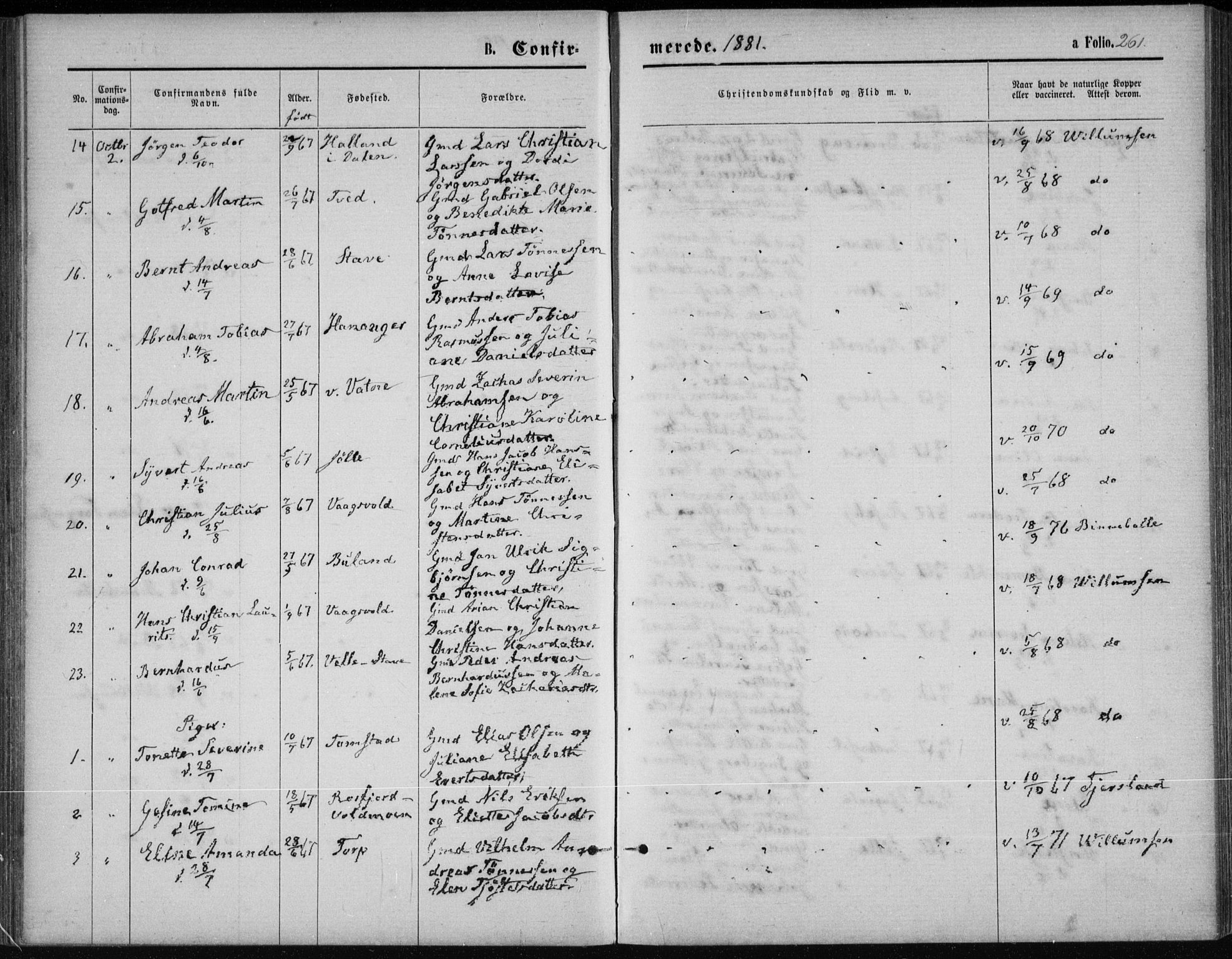 Lista sokneprestkontor, AV/SAK-1111-0027/F/Fb/L0004: Parish register (copy) no. B 4, 1877-1891, p. 261