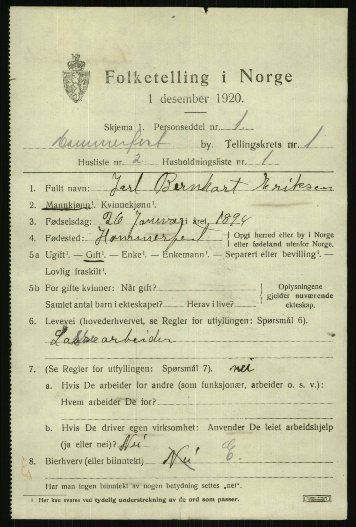 SATØ, 1920 census for Hammerfest, 1920, p. 2426