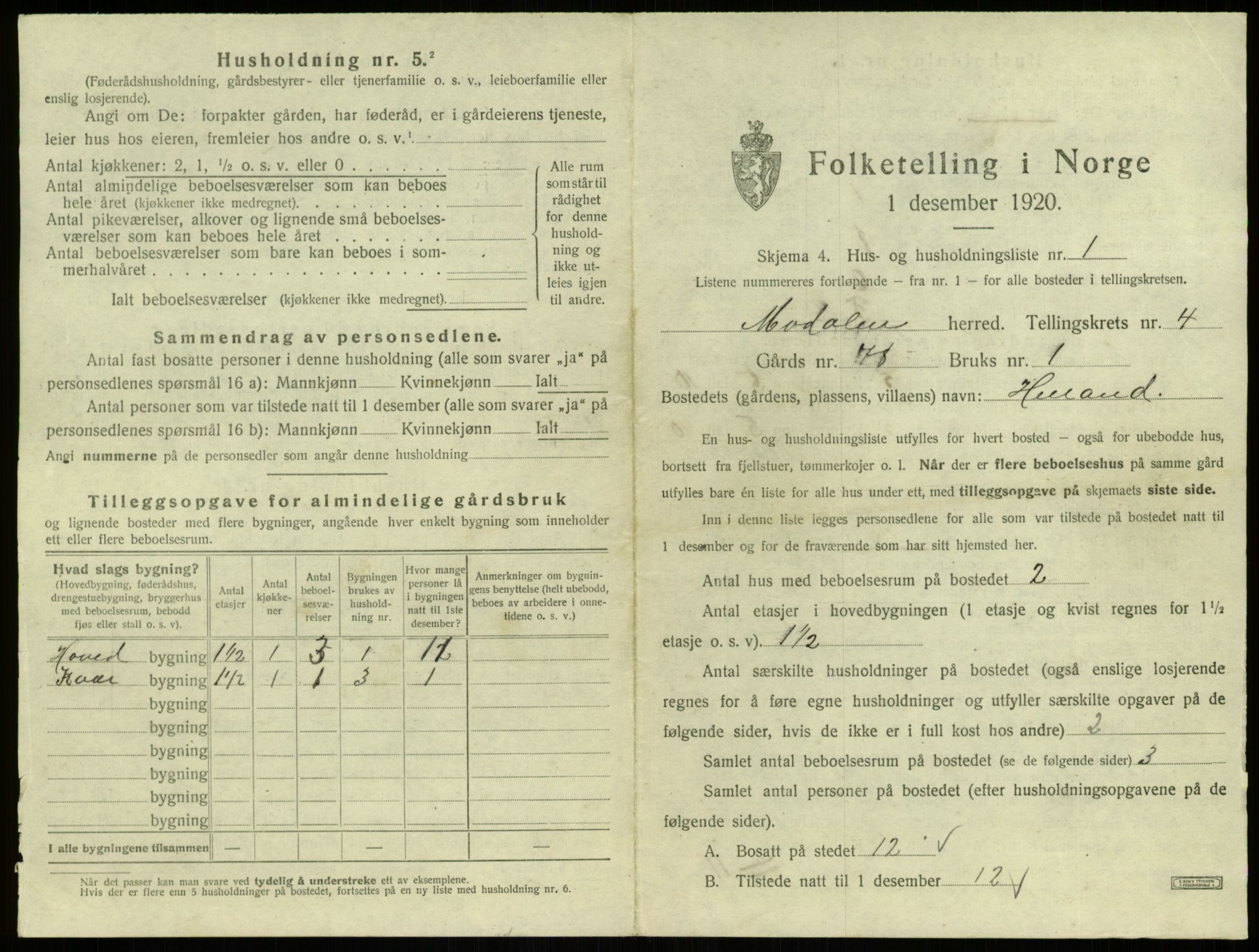 SAB, 1920 census for Modalen, 1920, p. 122