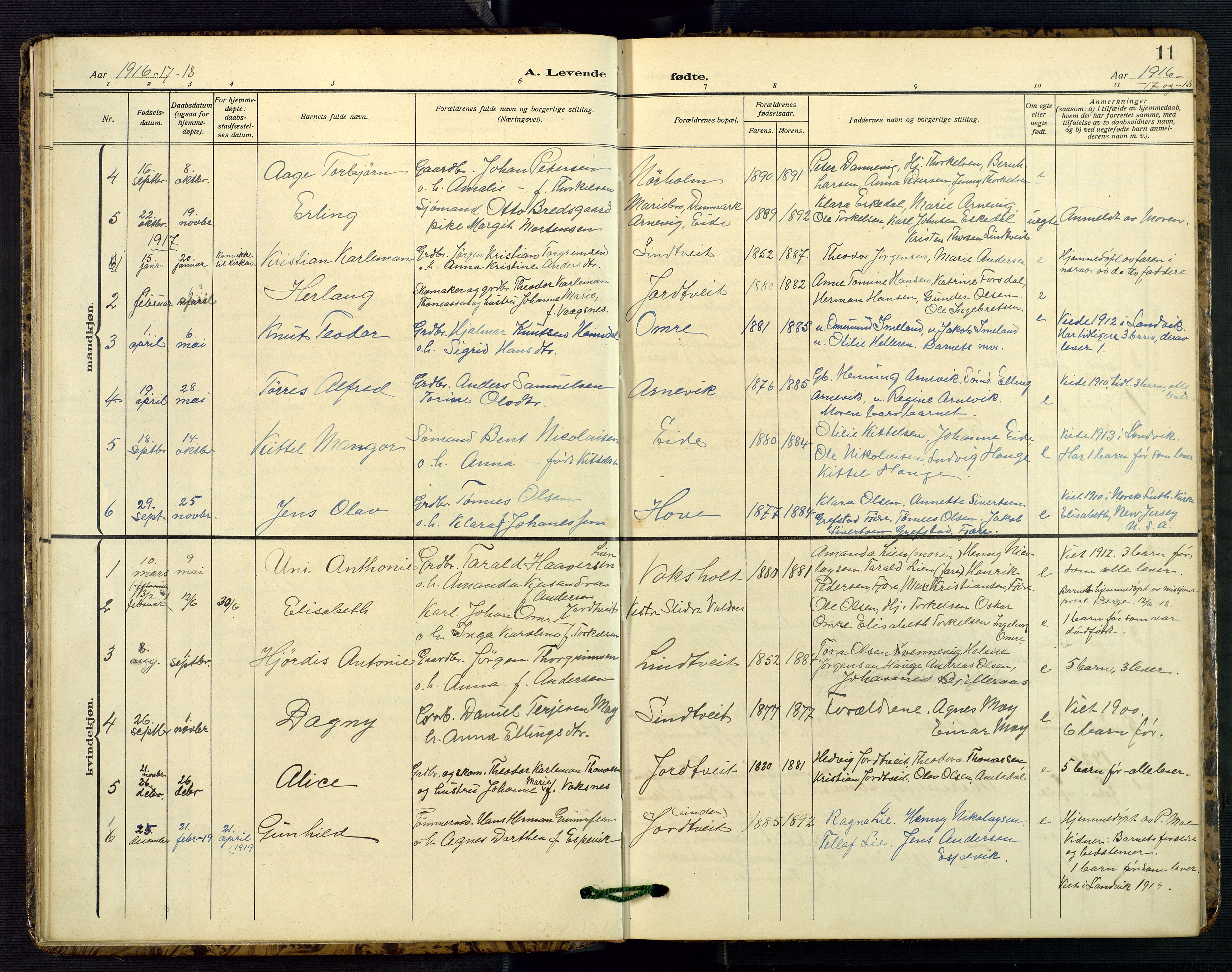 Hommedal sokneprestkontor, AV/SAK-1111-0023/F/Fb/Fba/L0005: Parish register (copy) no. B 5, 1909-1957, p. 11